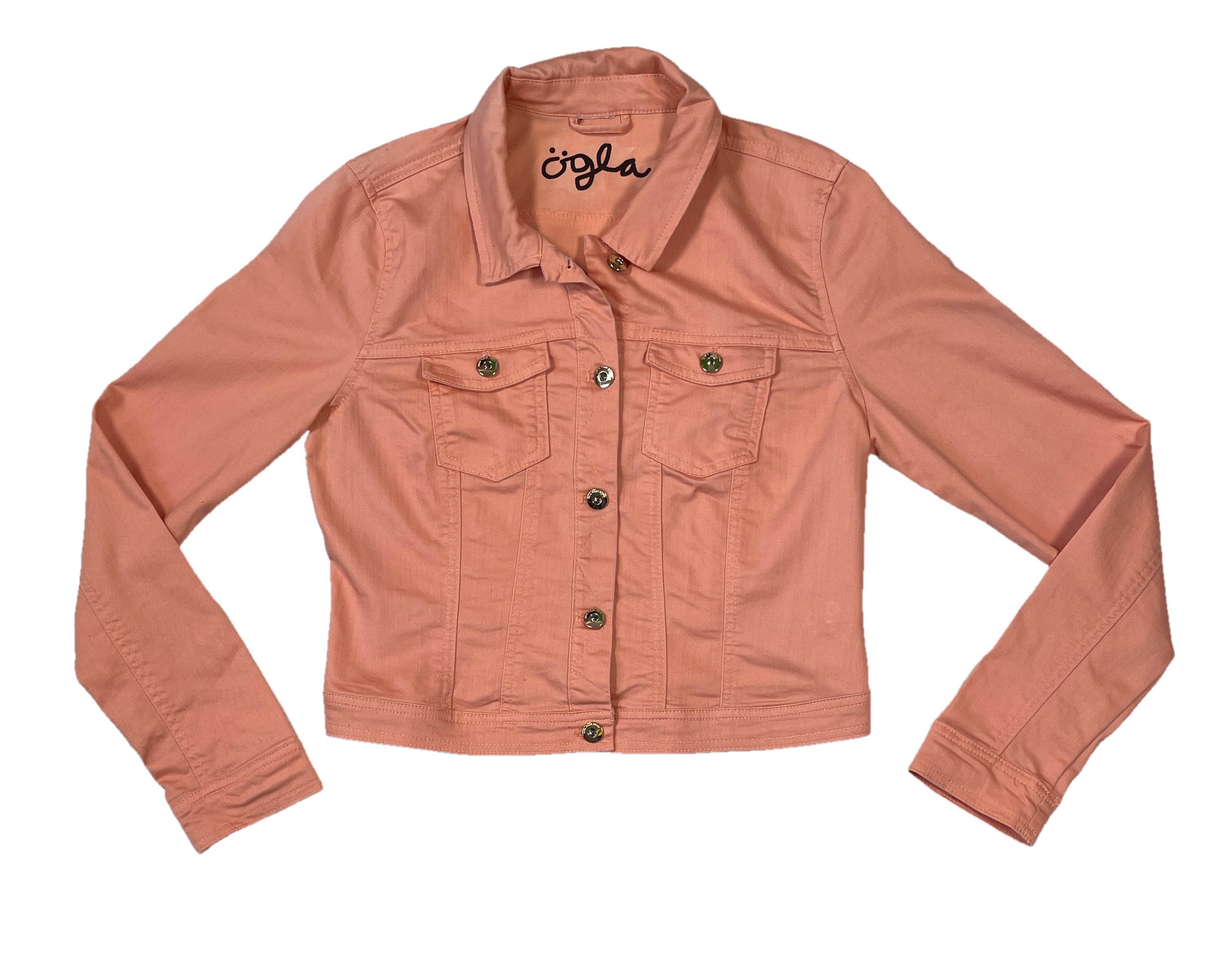 Wear A Smile,  upcyled denim jacket with crochet decor, salmon pink, size M., photo 3