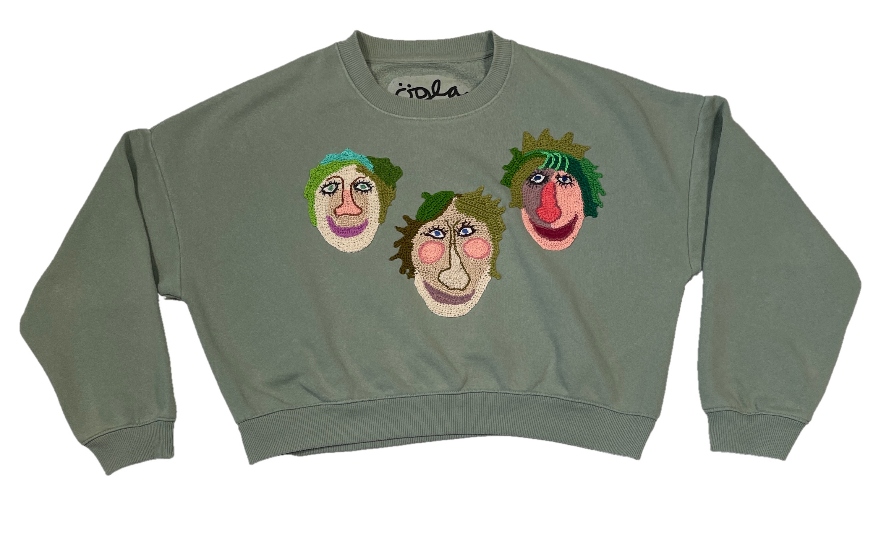 Wear A Smile, upcycled sweatshirt with crochet decor, soft green, size  M/L.