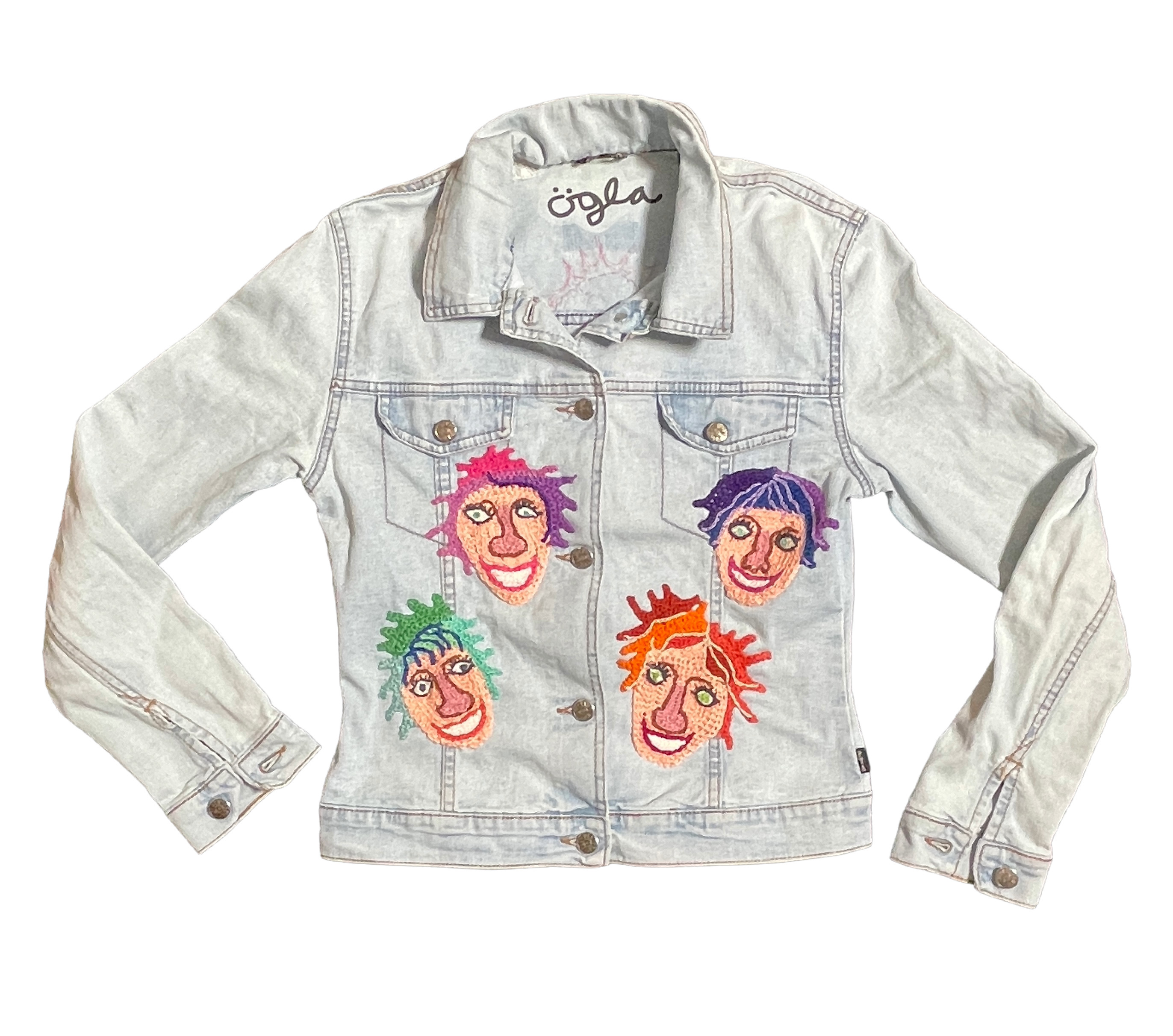 Wear A Smile, upcycled denim jacket with crochet decor, pale wash, size S., photo 6
