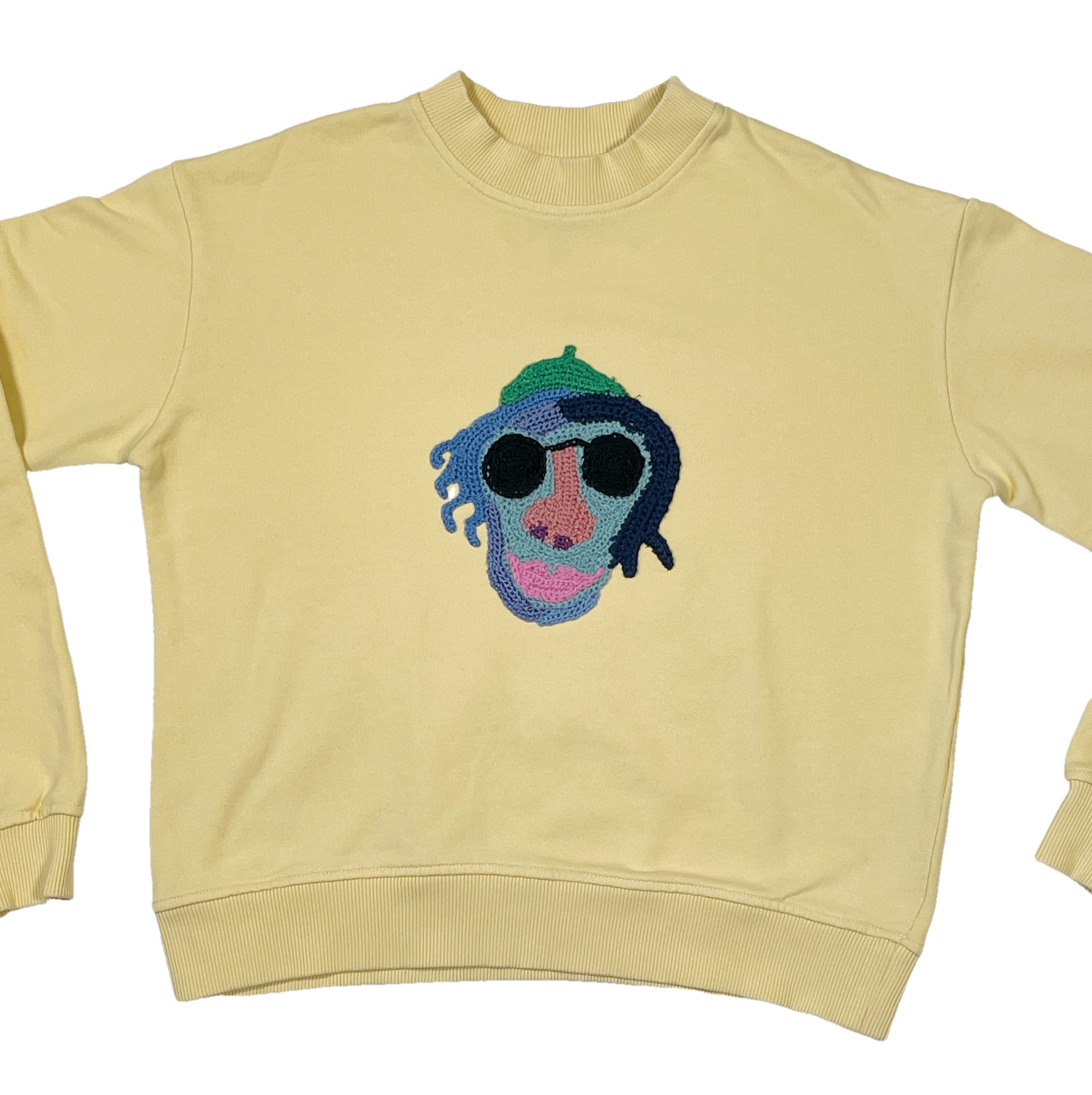 Wear A Smile, upcycled sweatshirt with crochet decor, soft yellow, size M.