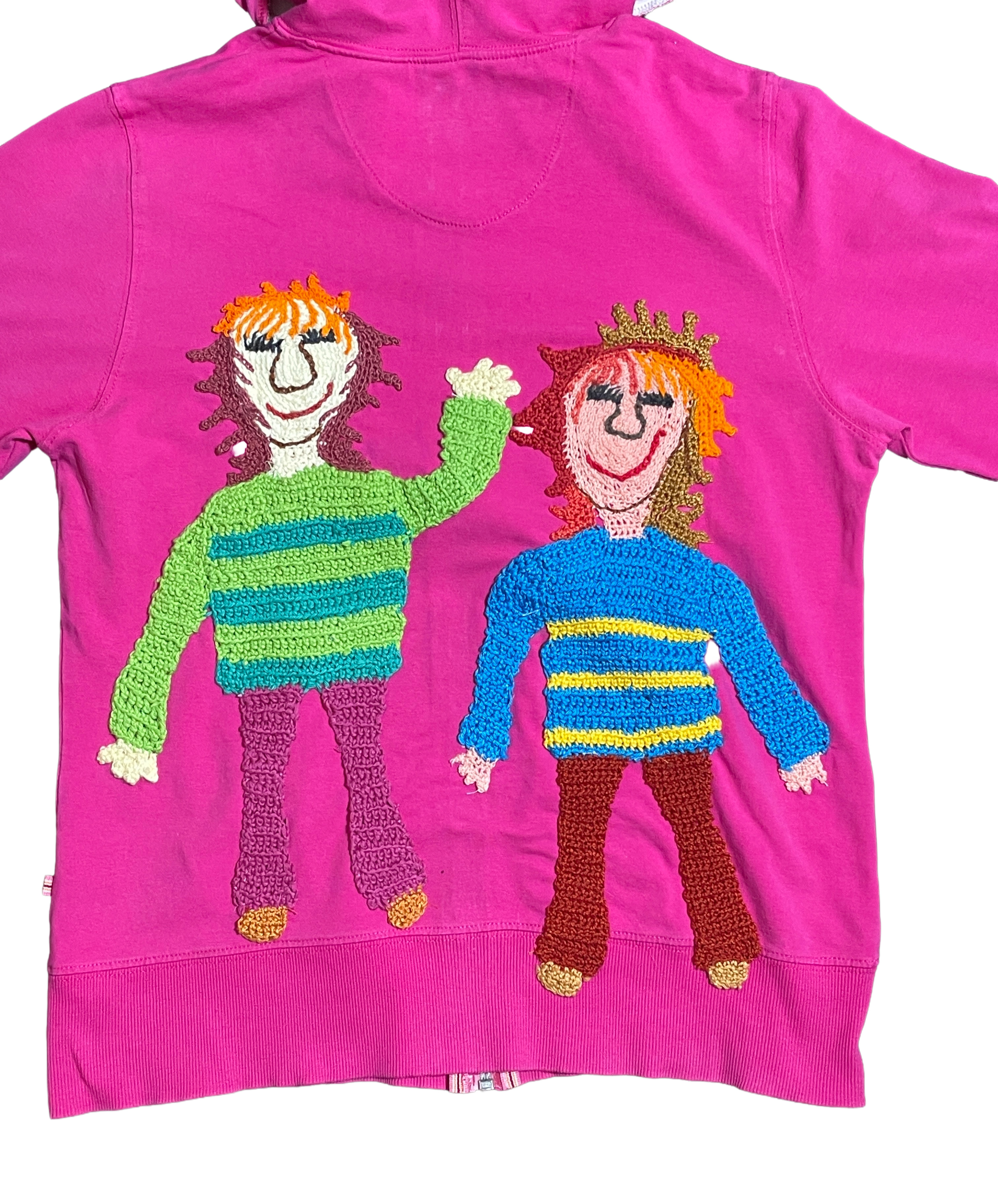 Wear A Smile, upcycled cotton jersey hoodie  with crochet decor, shocking pink, size S/M., photo 3