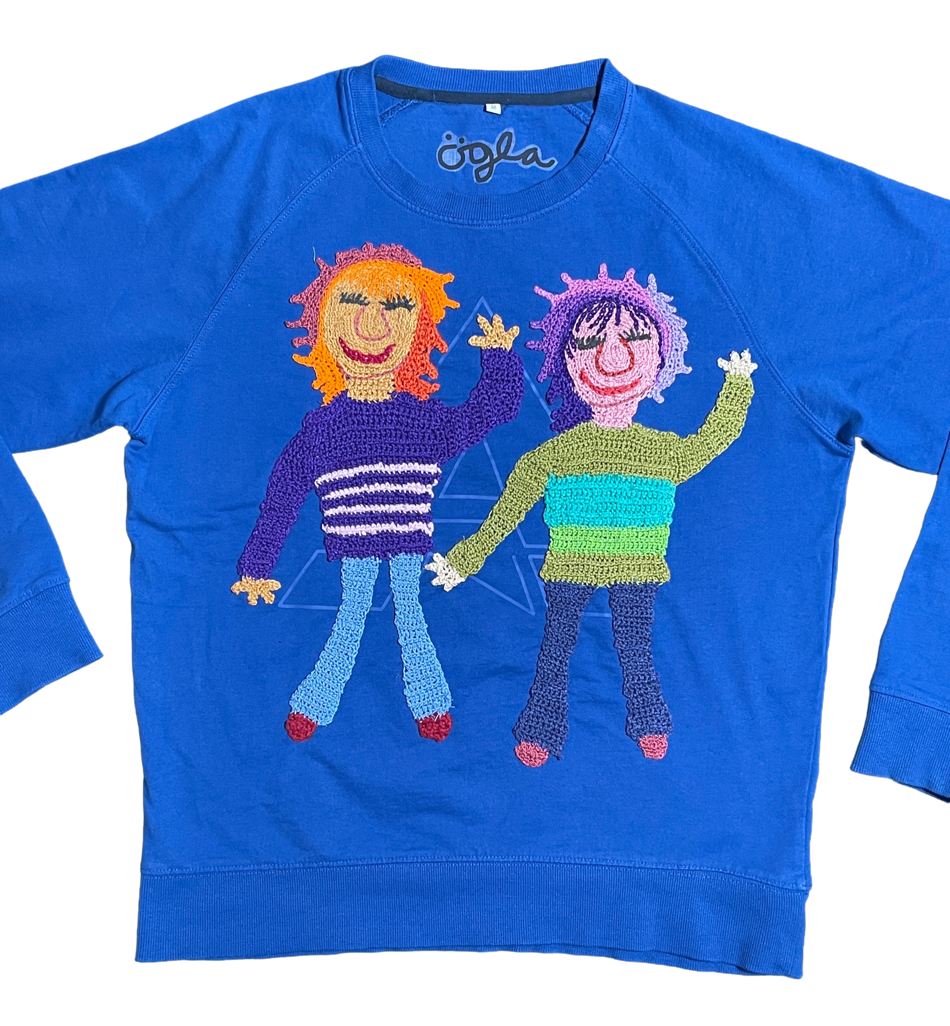 Wear A Smile, upcycled sweatshirt with crochet decor,  electric blue, size M/L.