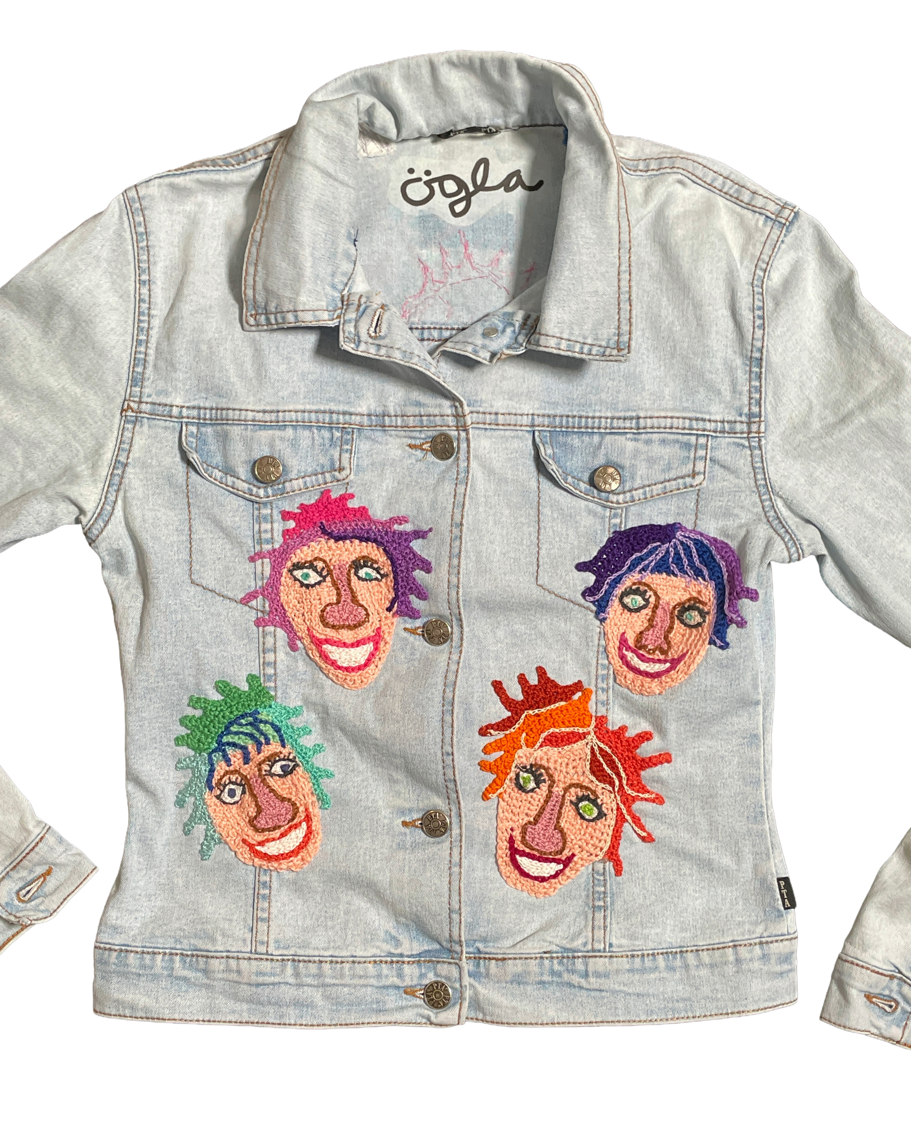 Wear A Smile, upcycled denim jacket with crochet decor, pale wash, size S.