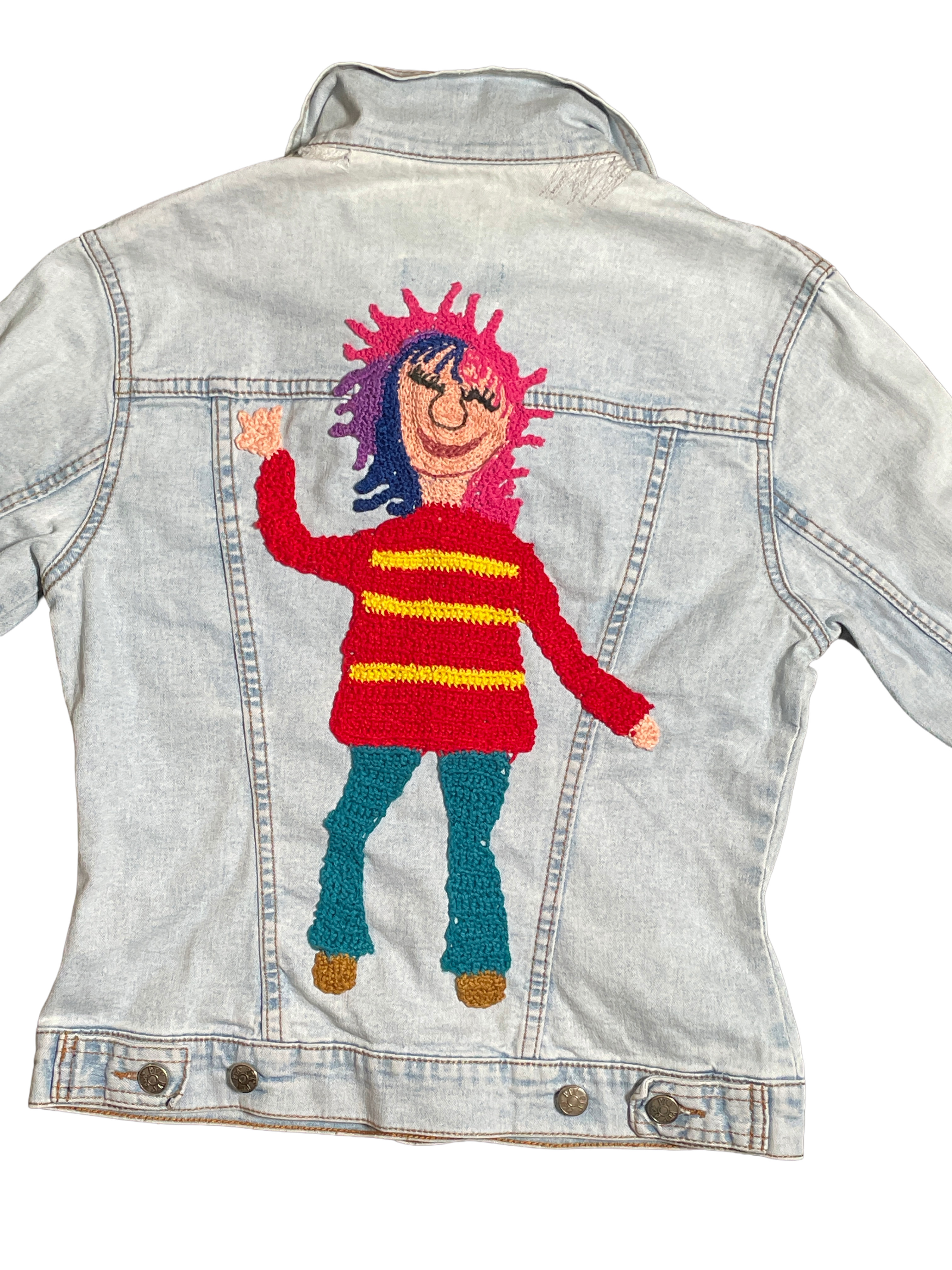 Wear A Smile, upcycled denim jacket with crochet decor, pale wash, size S., photo 2
