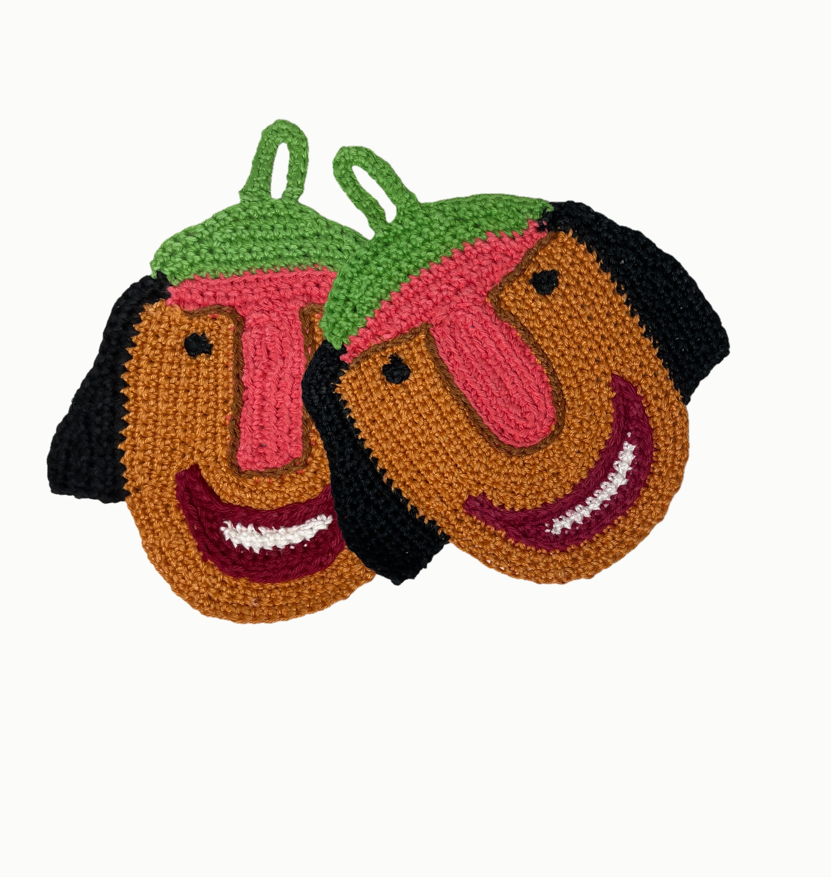 Colorful crochet pot holders, terracotta and green