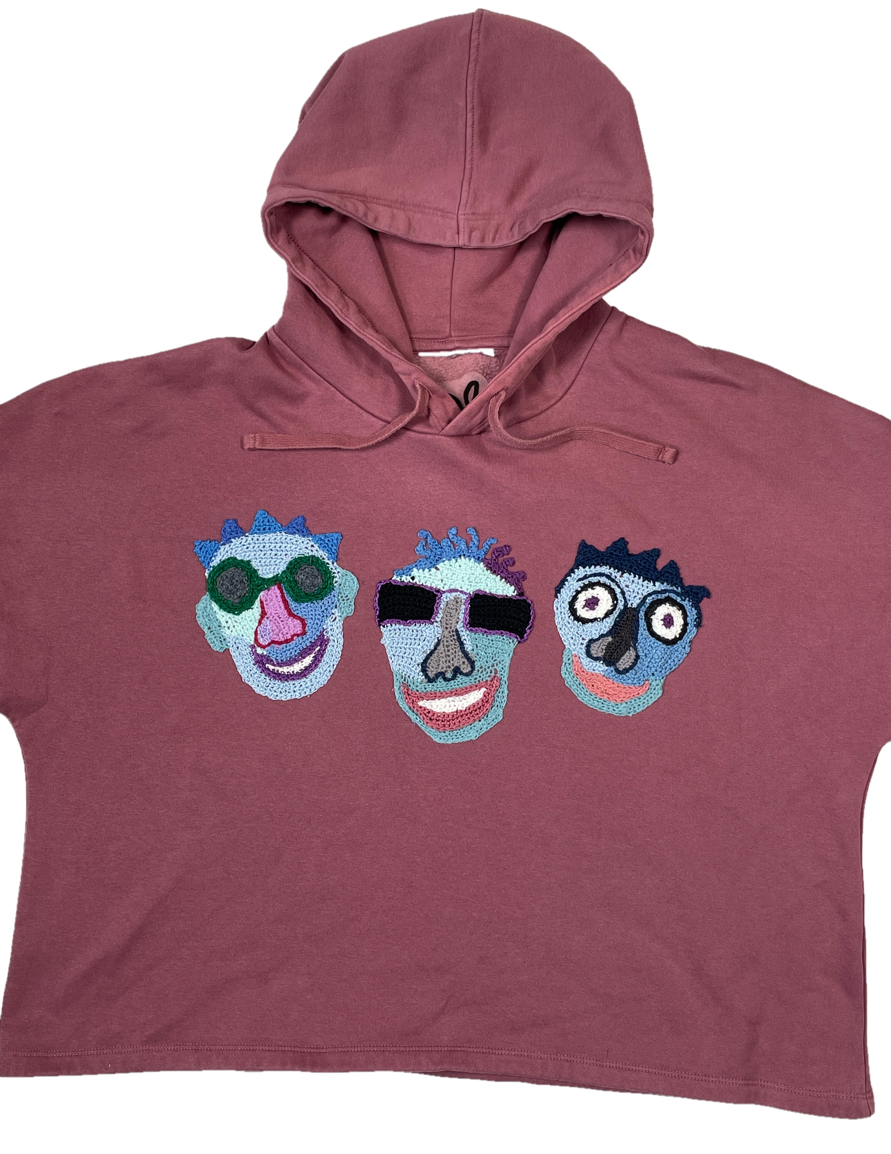 Wear A Smile, upcycled sweatshirt hoodie with crochet decor, dark pink, size L