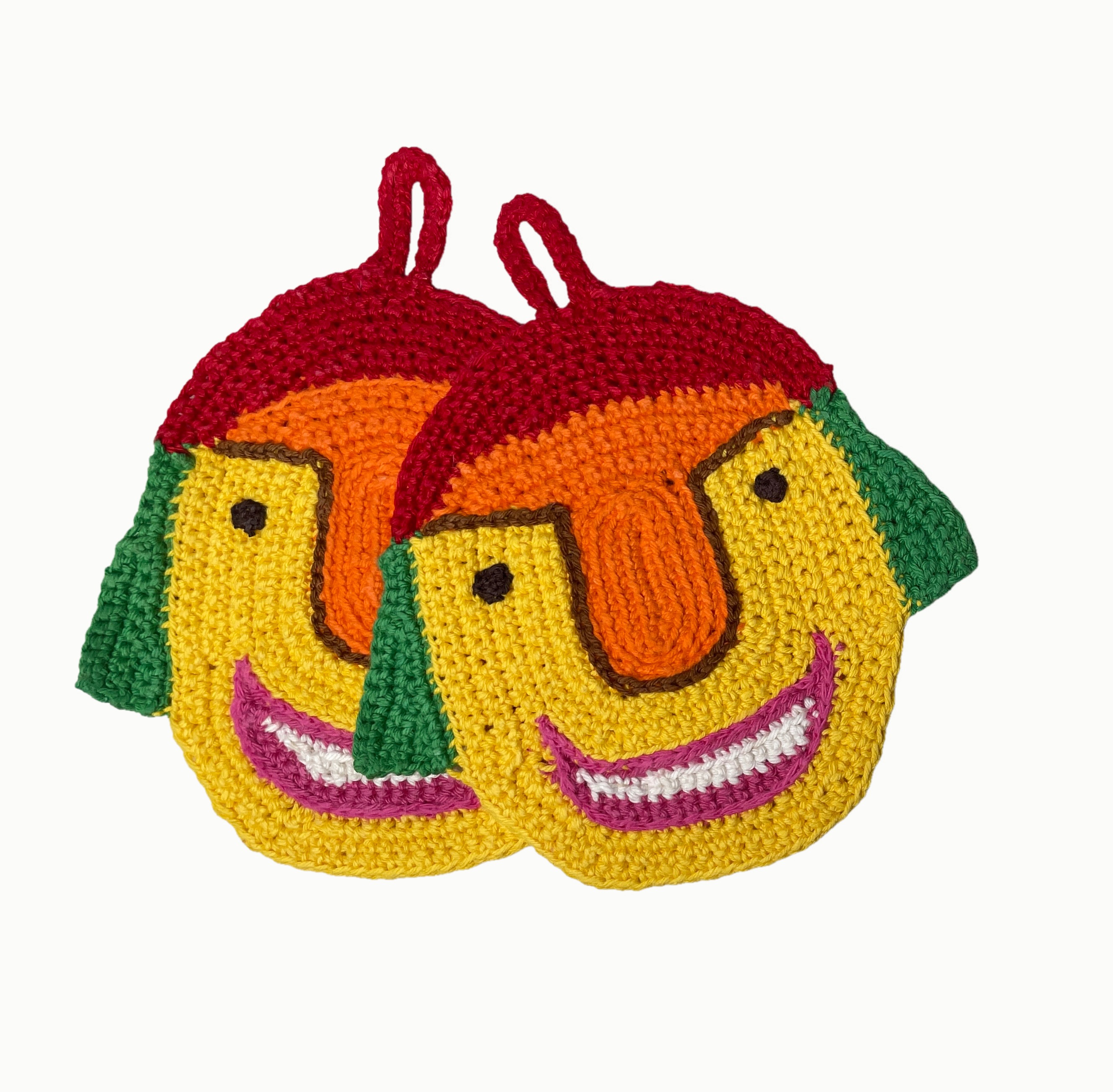 Colorful crochet potholders, red and yellow