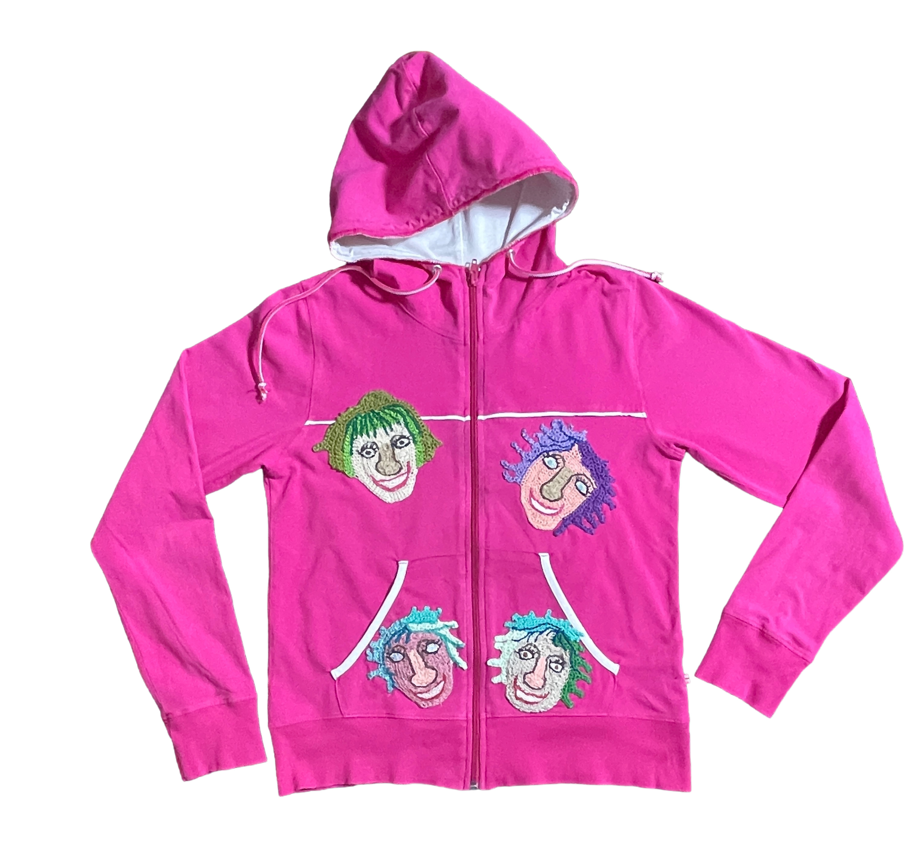 Wear A Smile, upcycled cotton jersey hoodie  with crochet decor, shocking pink, size S/M.