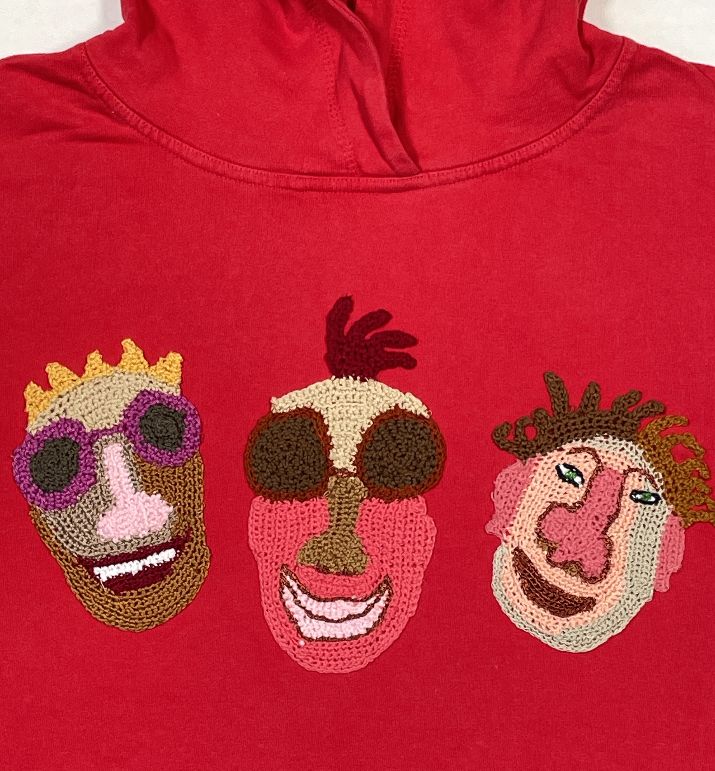 Wear A Smile, upcycled sweatshirt hoodie with crochet decor, red, size M/L., photo 4