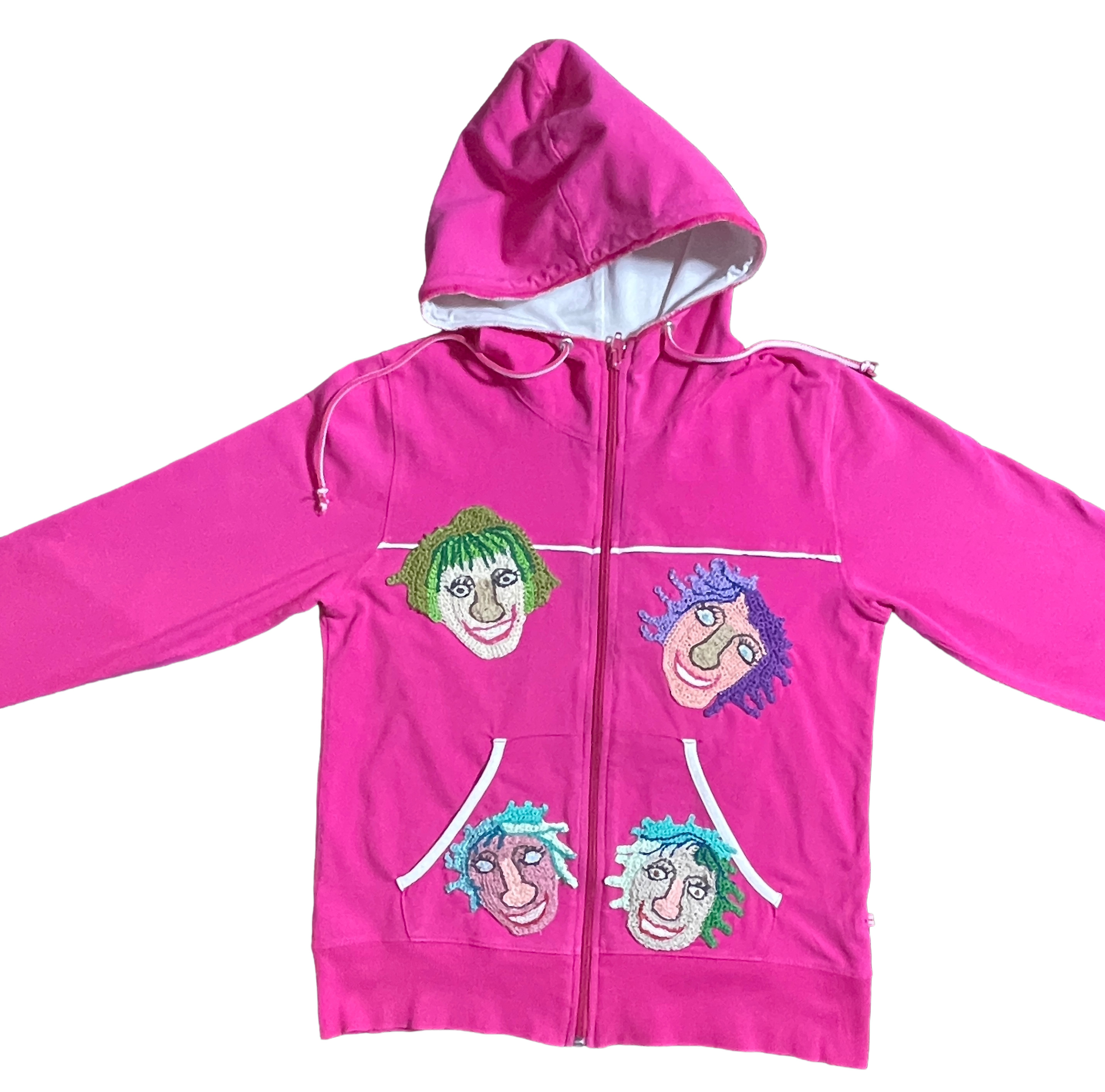 Wear A Smile, upcycled cotton jersey hoodie  with crochet decor, shocking pink, size S/M., photo 4
