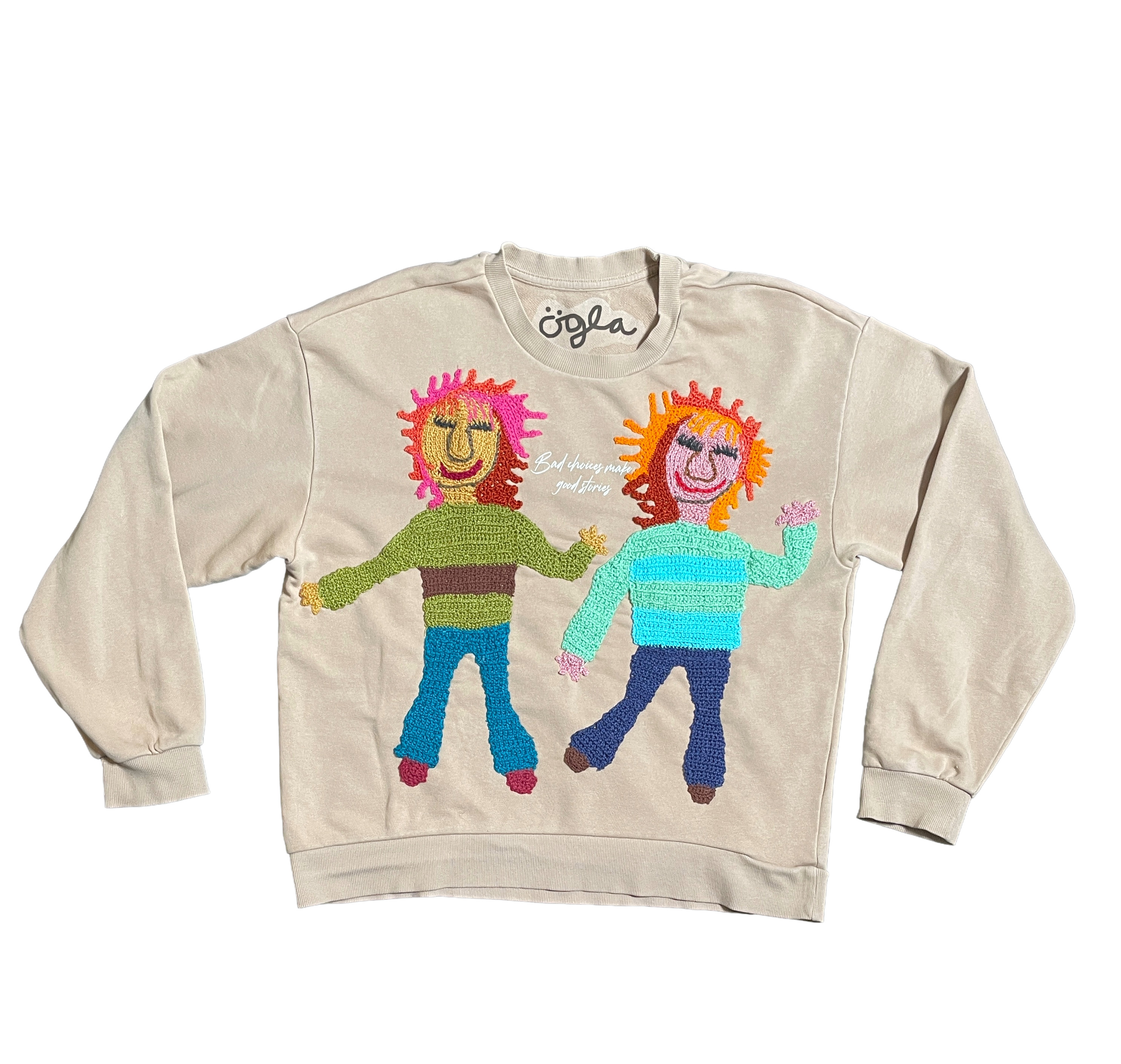 Wear A Smile, upcycled sweatshirt with crochet decor, beige, size M.