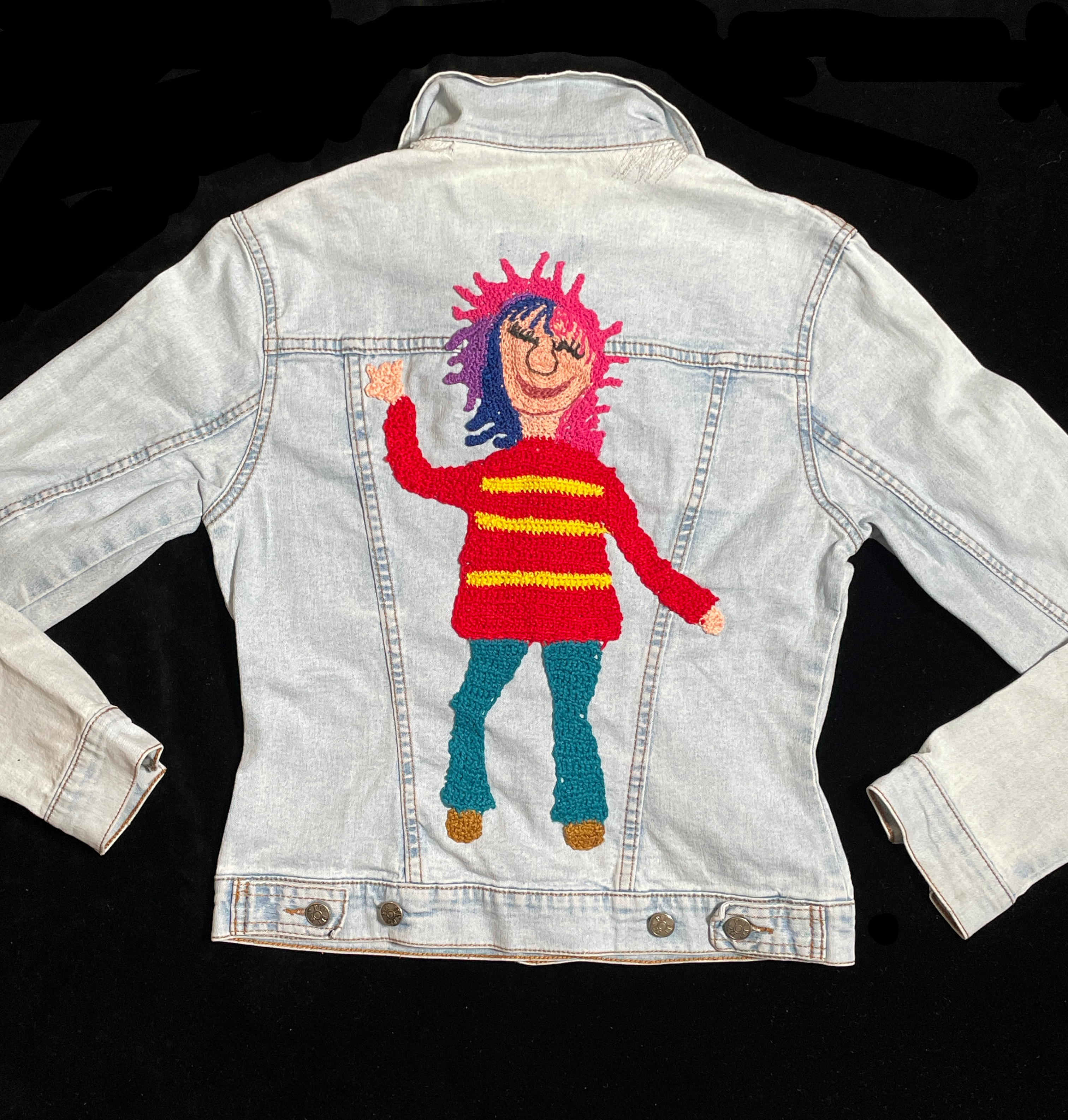 Wear A Smile, upcycled denim jacket with crochet decor, pale wash, size S., photo 4