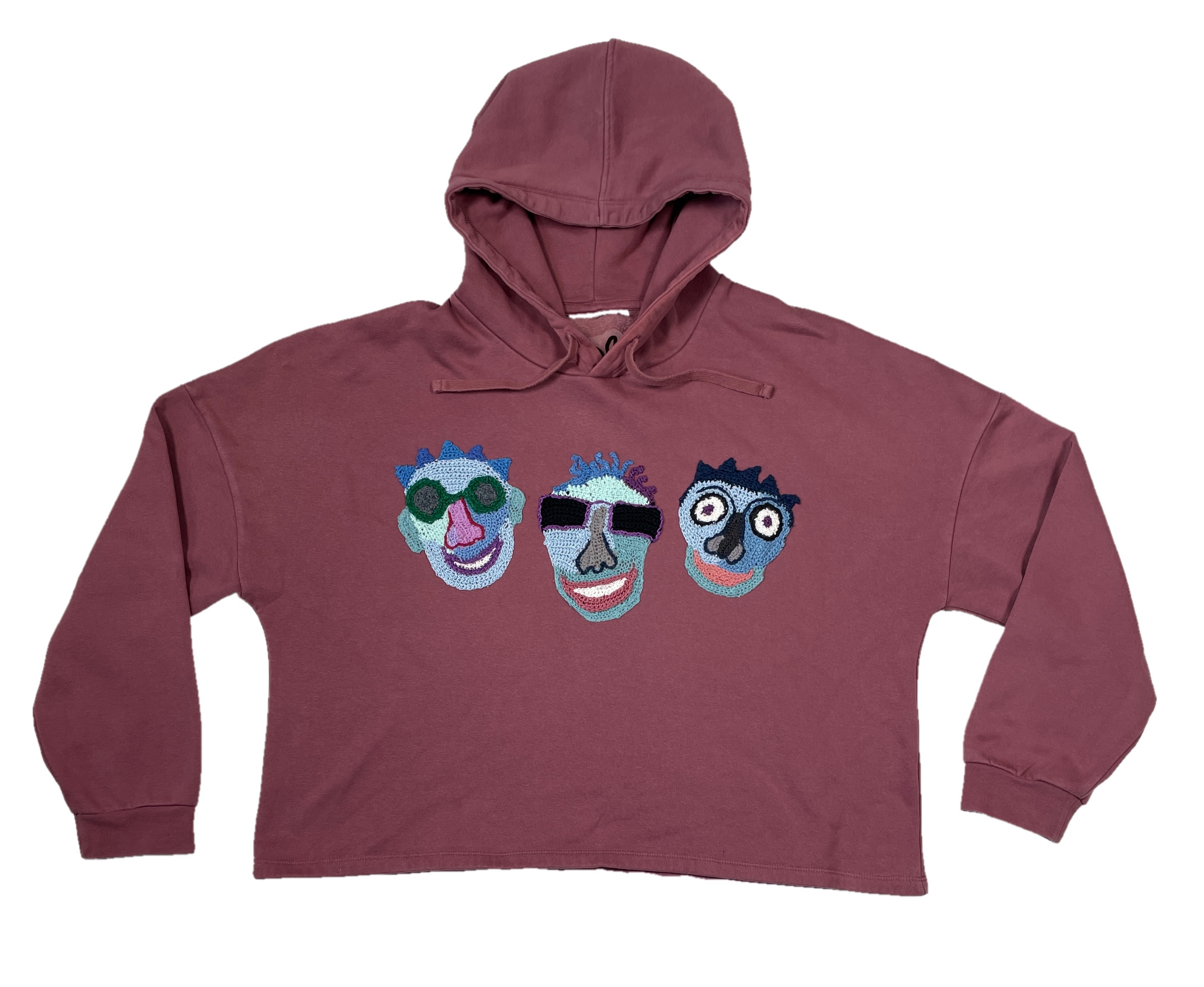Wear A Smile, upcycled sweatshirt hoodie with crochet decor, dark pink, size L, photo 2