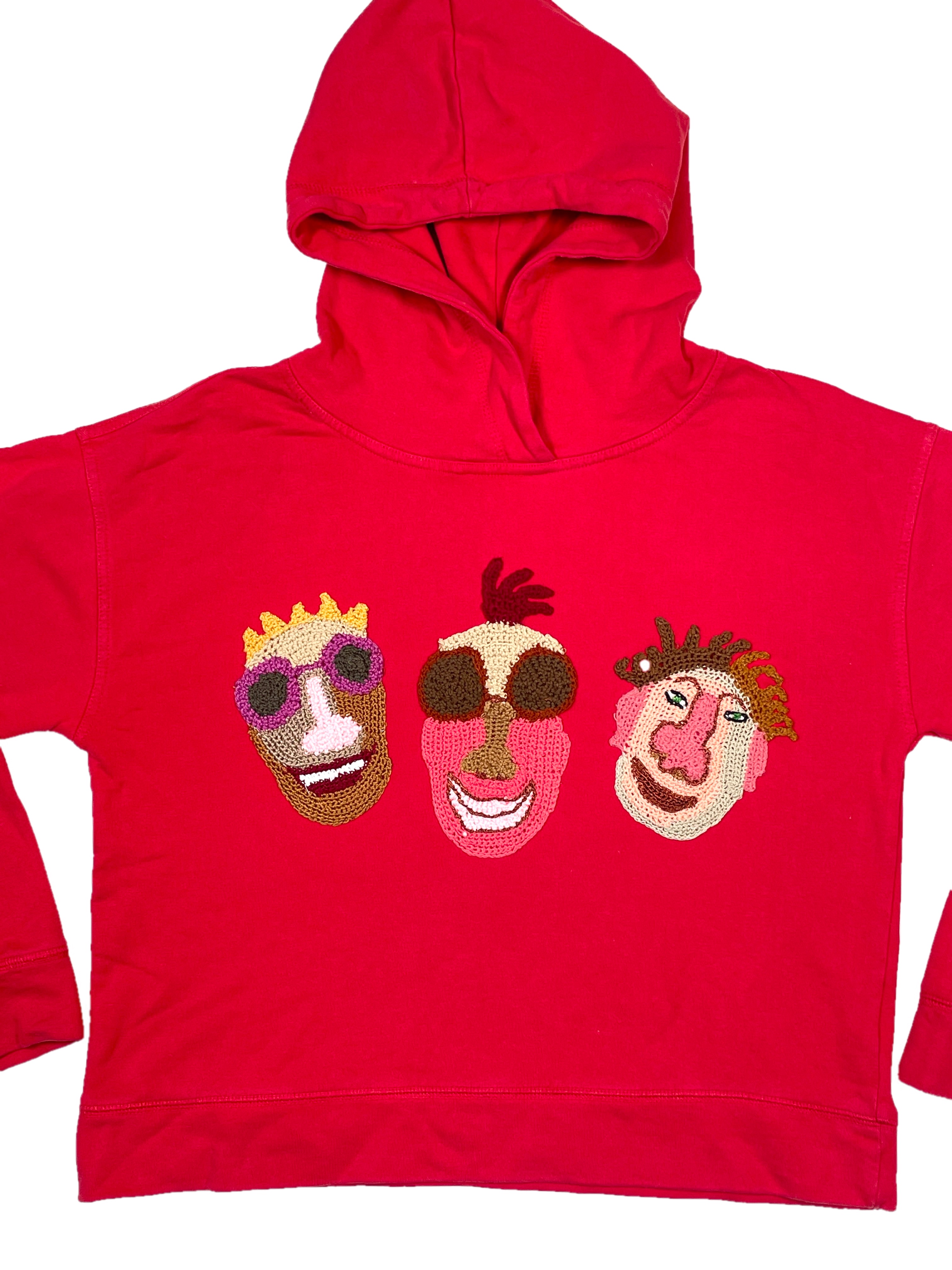 Wear A Smile, upcycled sweatshirt hoodie with crochet decor, red, size M/L.
