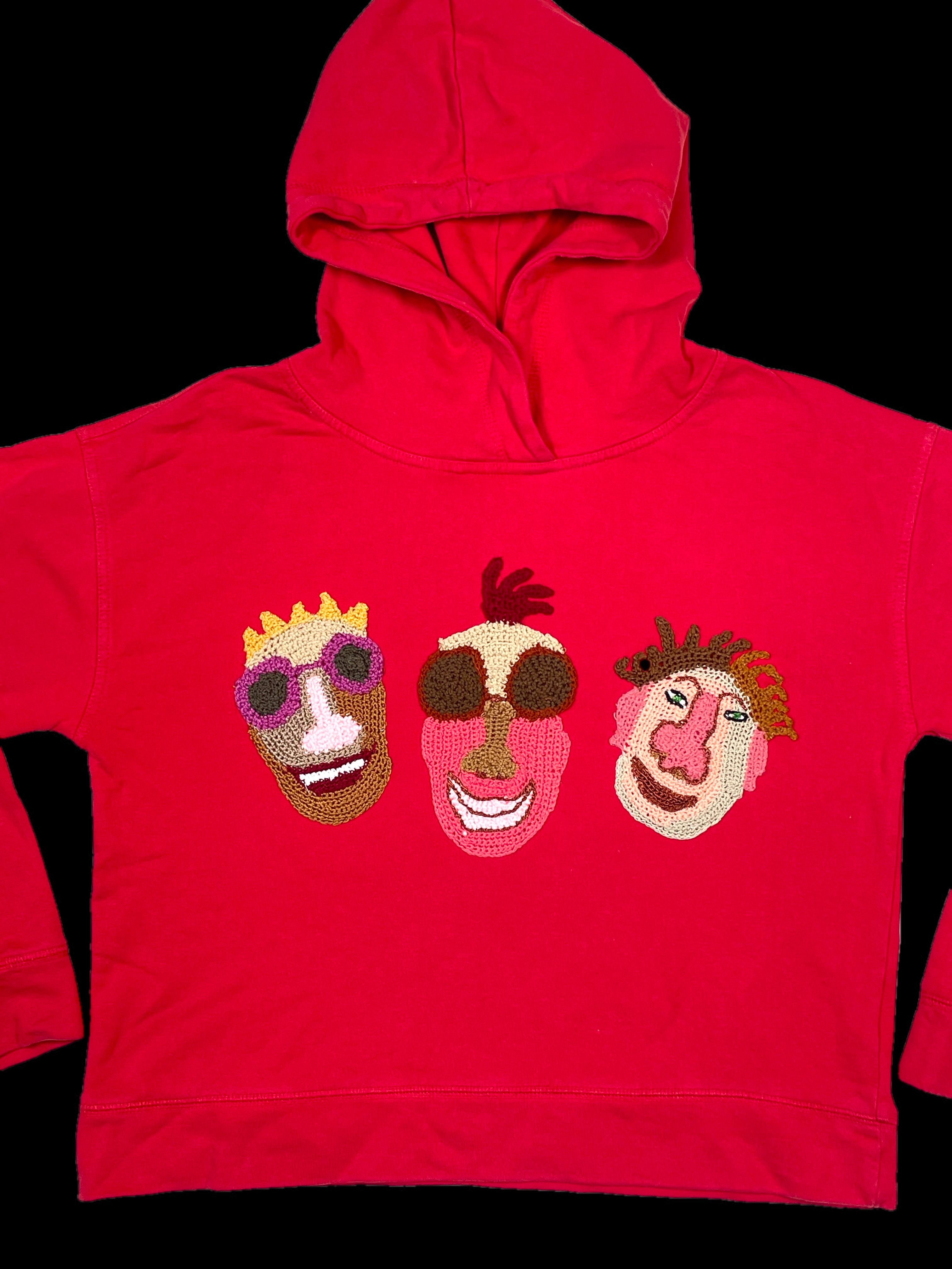 Wear A Smile, upcycled sweatshirt hoodie with crochet decor, red, size M/L., photo 2