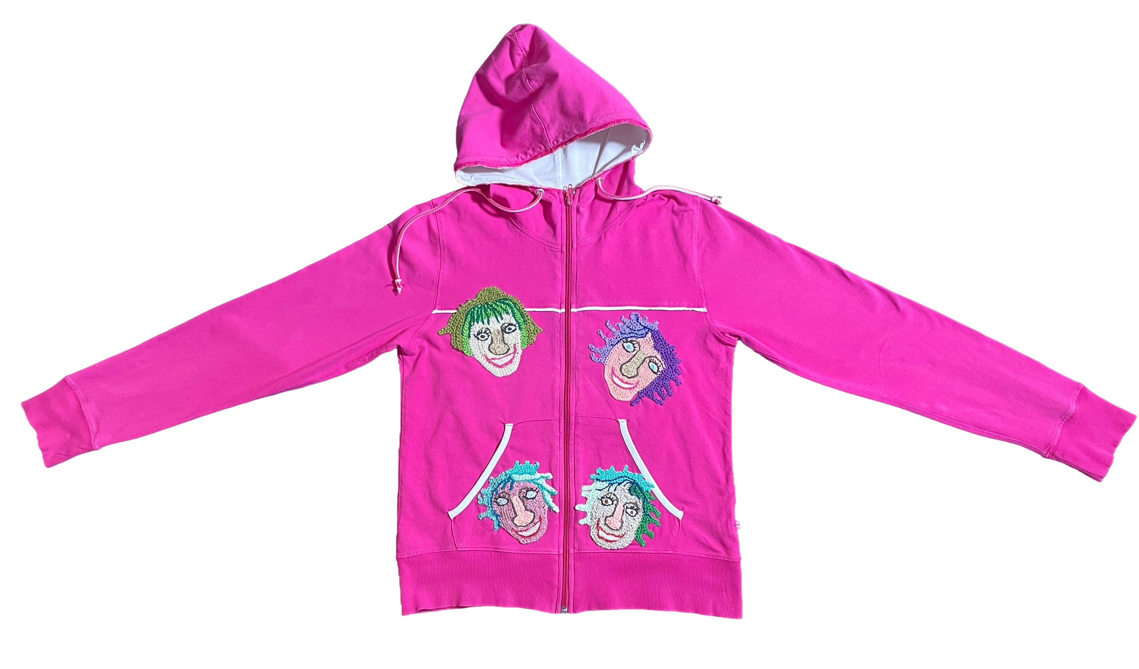 Wear A Smile, upcycled cotton jersey hoodie  with crochet decor, shocking pink, size S/M., photo 6