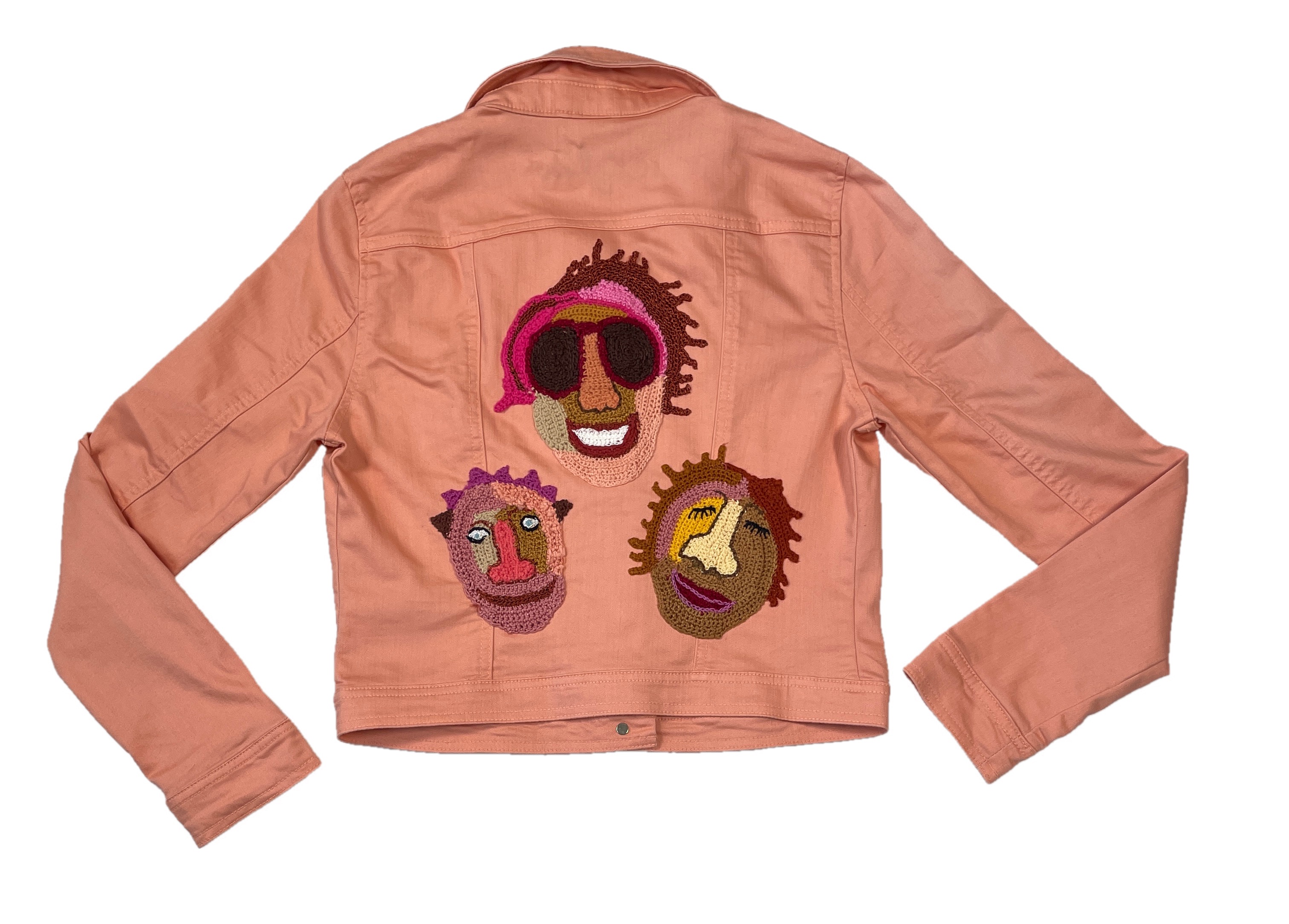 Wear A Smile,  upcyled denim jacket with crochet decor, salmon pink, size M.