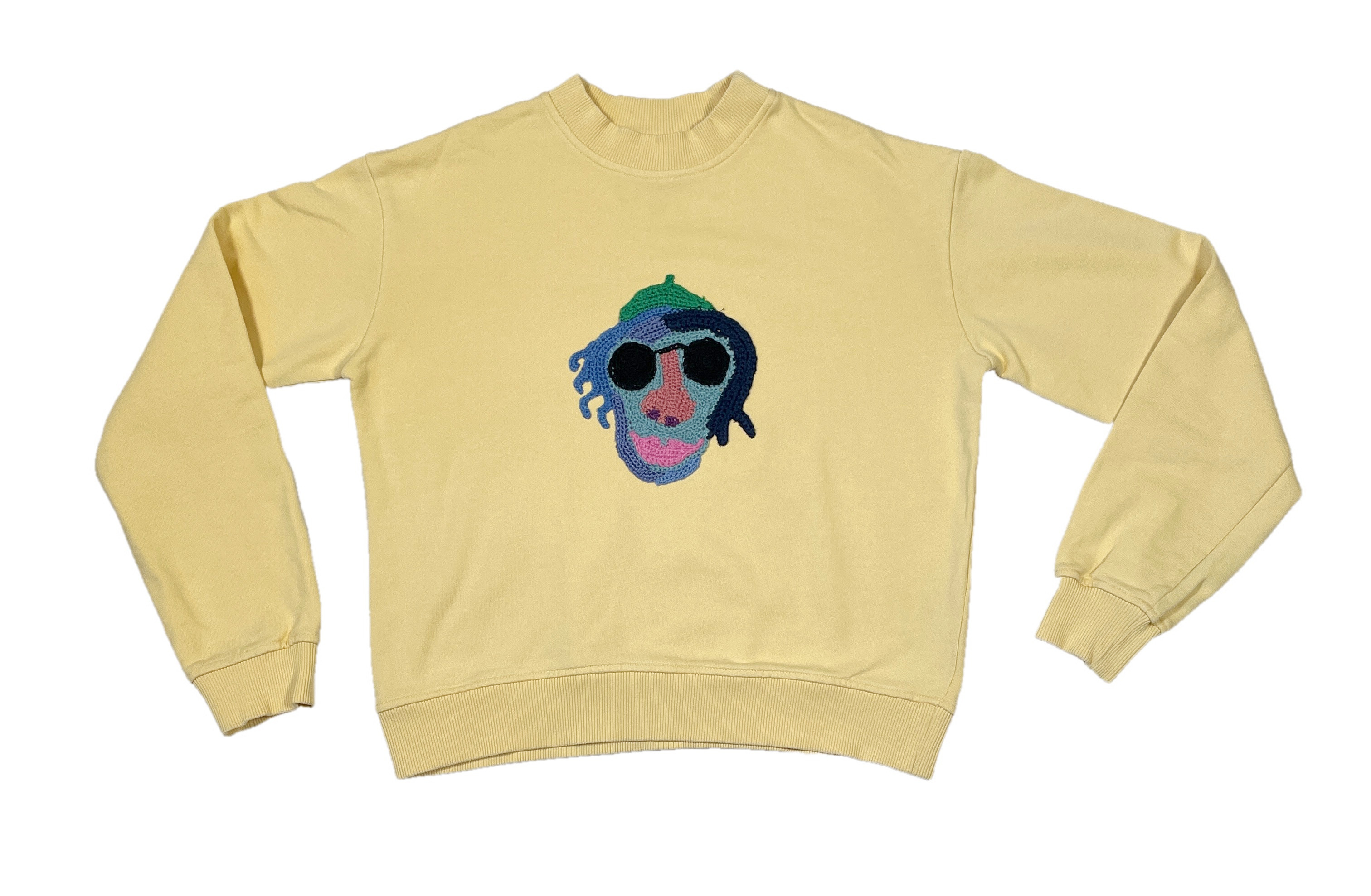 Wear A Smile, upcycled sweatshirt with crochet decor, soft yellow, size M., photo 2