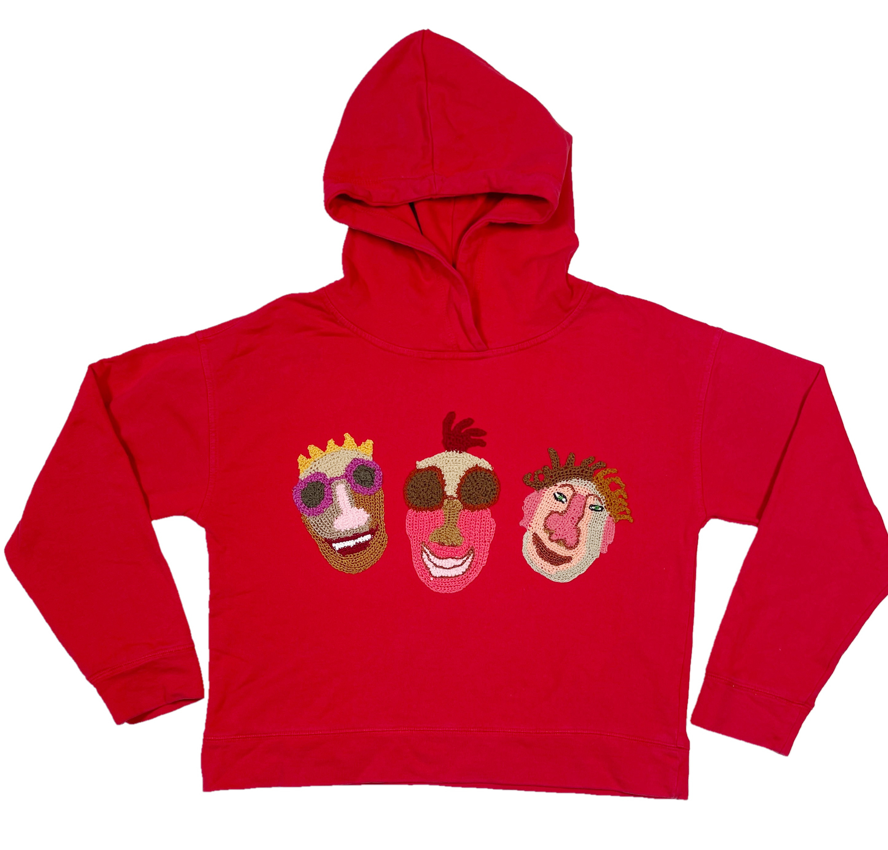 Wear A Smile, upcycled sweatshirt hoodie with crochet decor, red, size M/L., photo 3