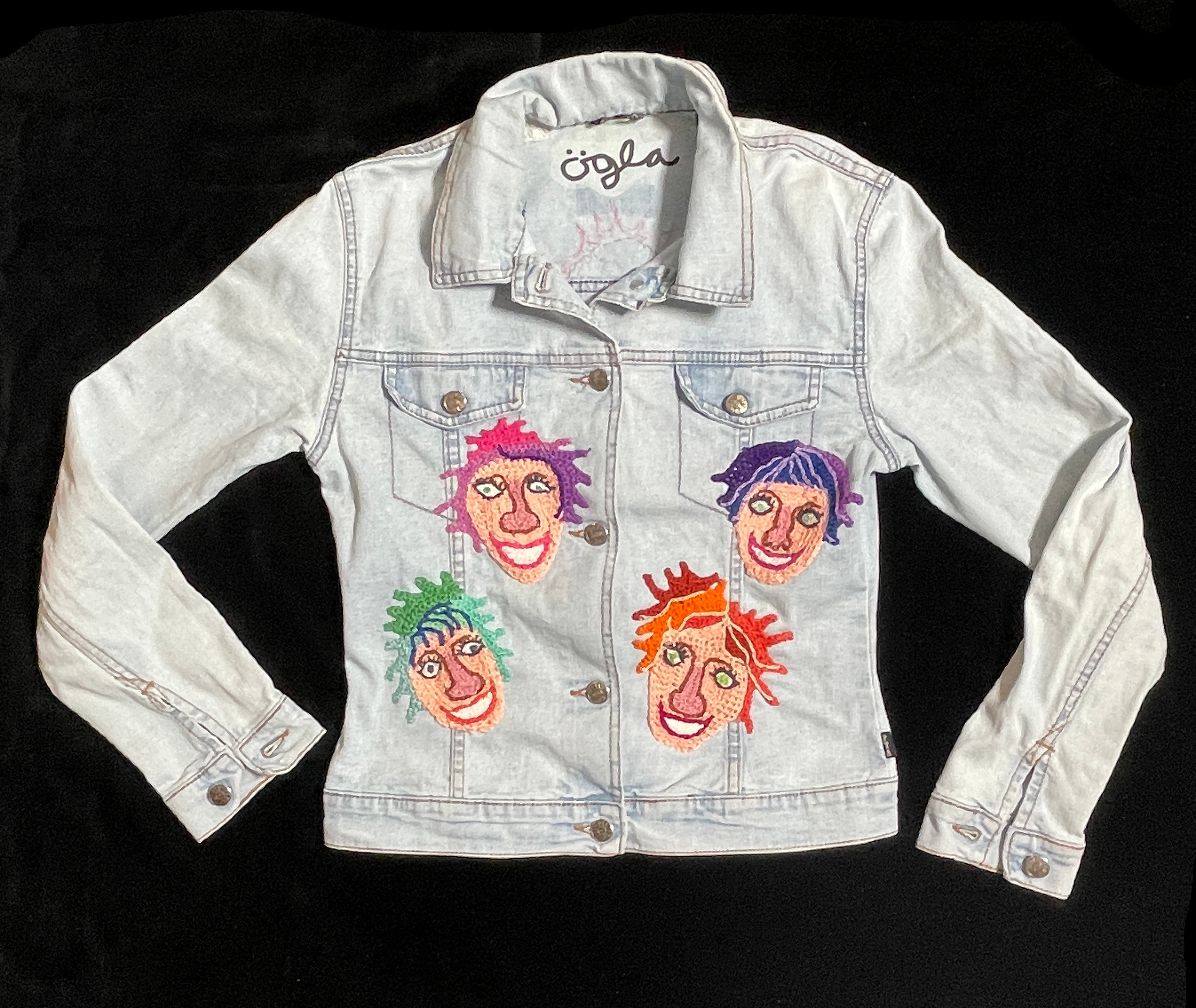 Wear A Smile, upcycled denim jacket with crochet decor, pale wash, size S., photo 3