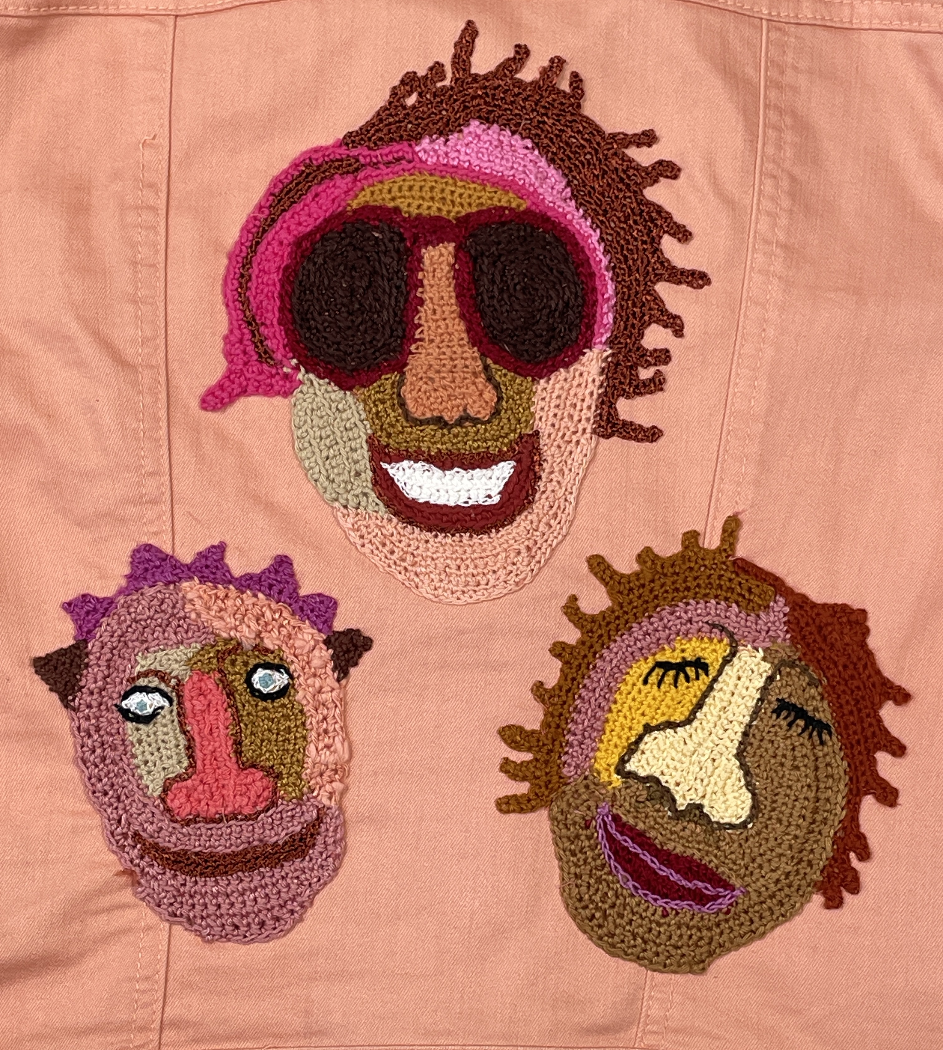 Wear A Smile,  upcyled denim jacket with crochet decor, salmon pink, size M., photo 4