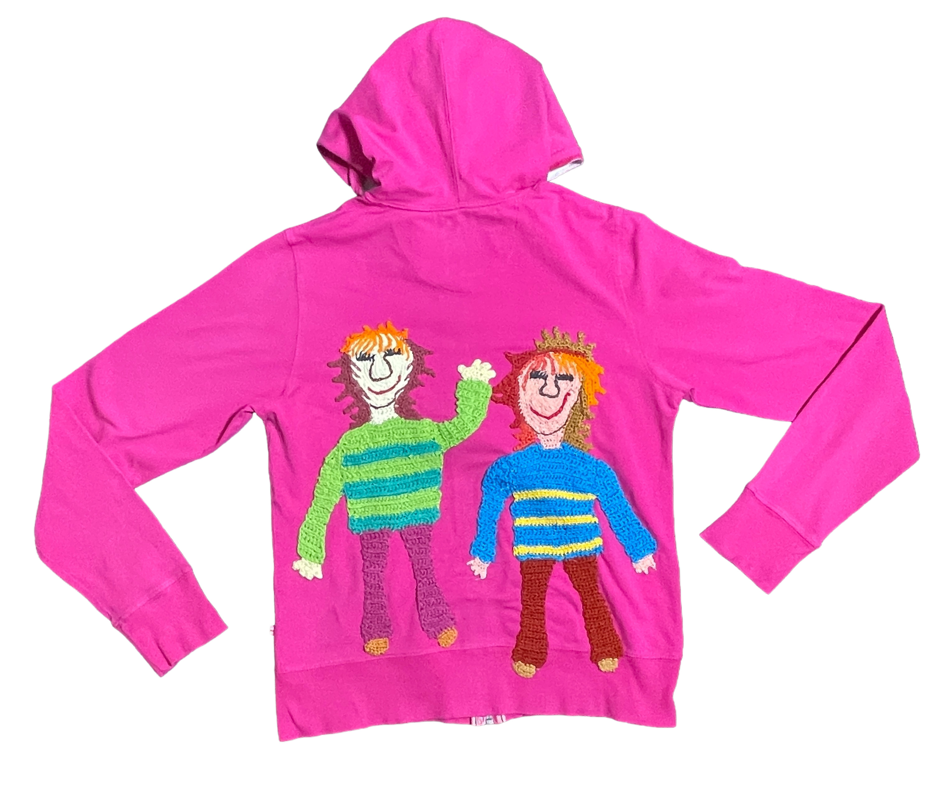 Wear A Smile, upcycled cotton jersey hoodie  with crochet decor, shocking pink, size S/M., photo 5