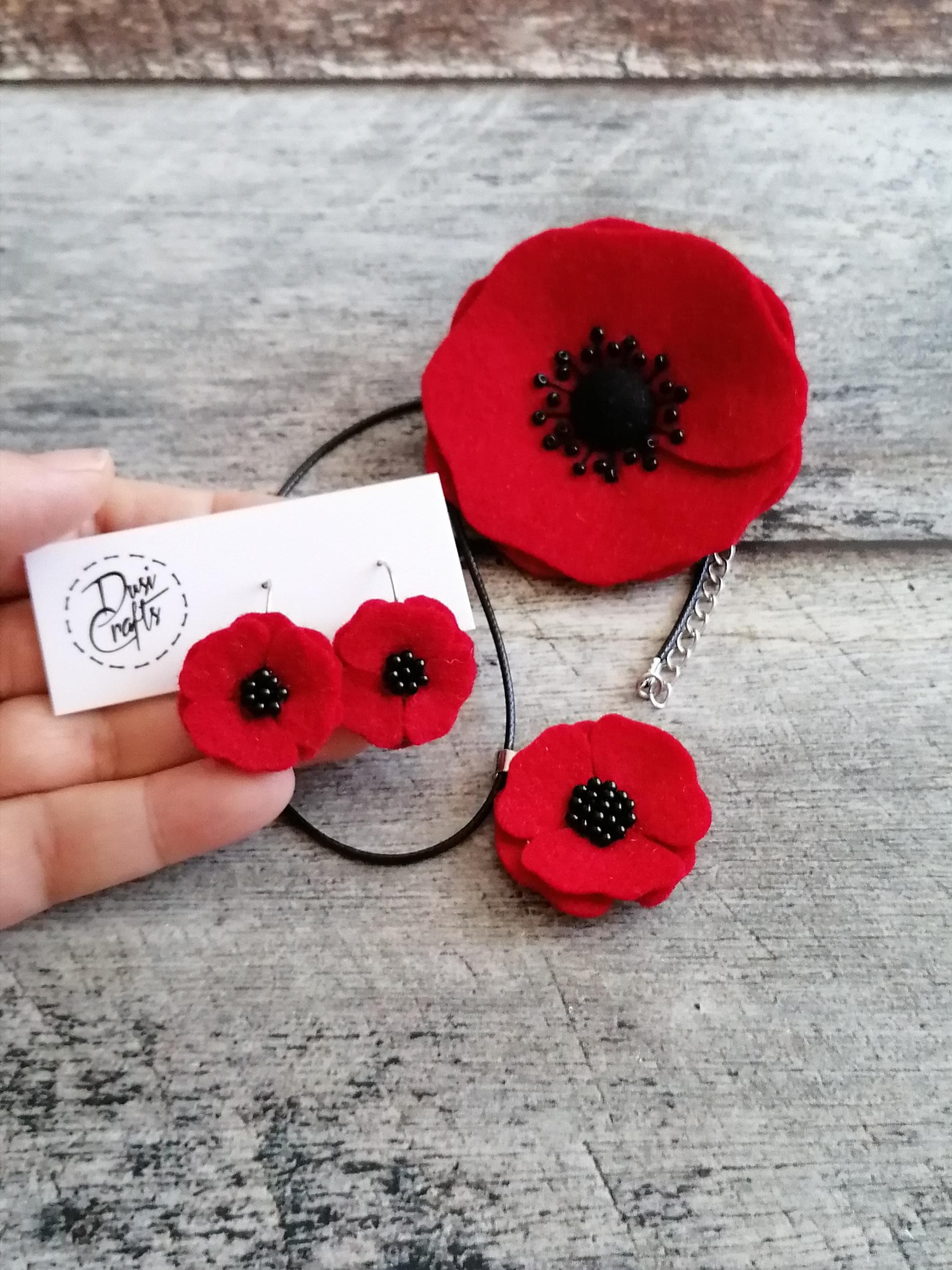 Red poppy Drop necklace, earrings and brooch, Wool felt flowers, Bohemian style, photo 5