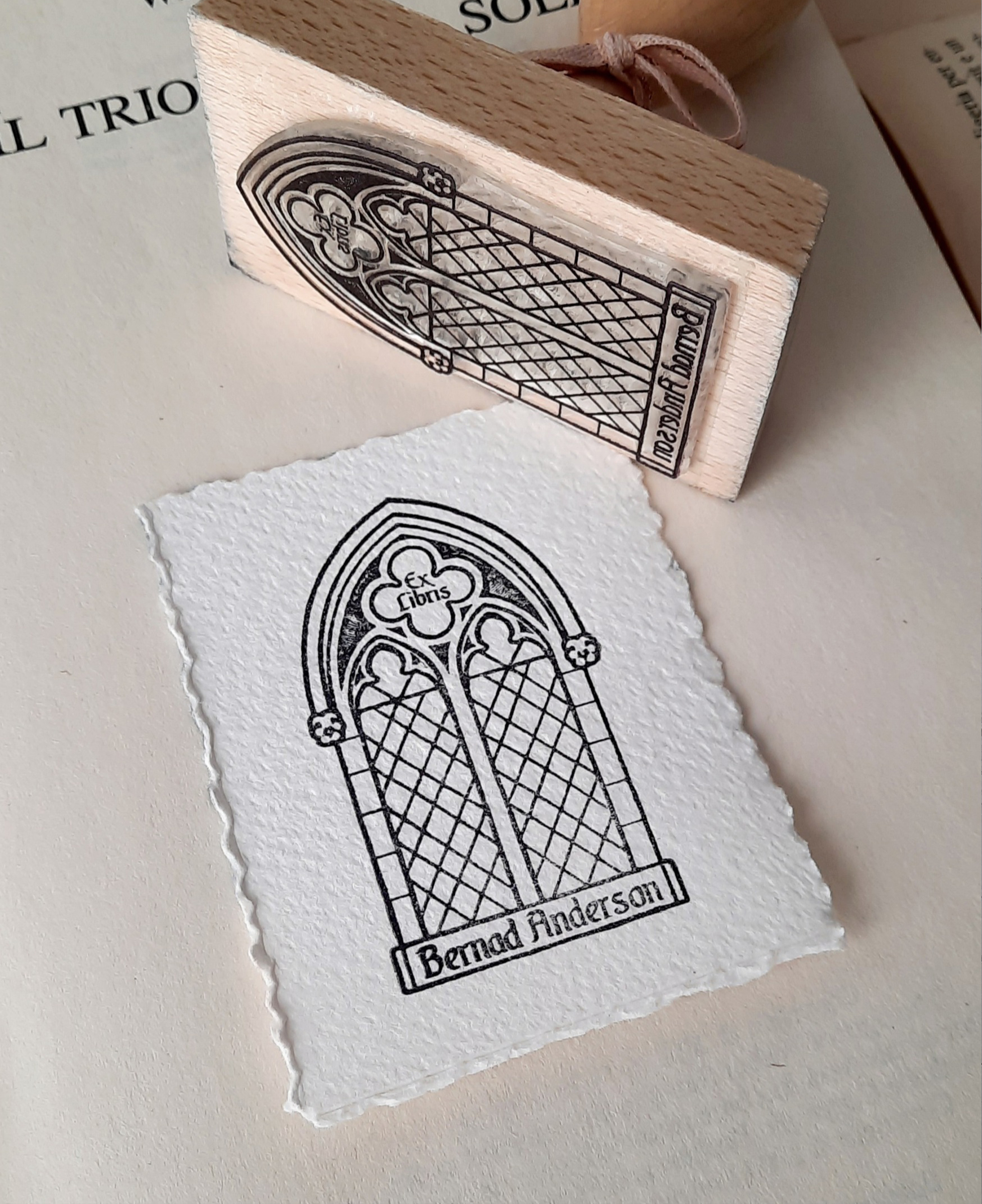 Medieval Window Personalized Book Stamp BookLover Gift Gothic Ex Libris Bookplate Collectible Library Stamp, photo 2