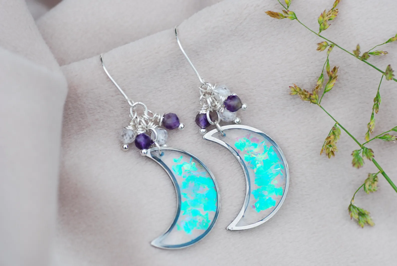 Celestial Moon Earrings - Amethyst And Zircon Crystal Silver Crescent Drops
