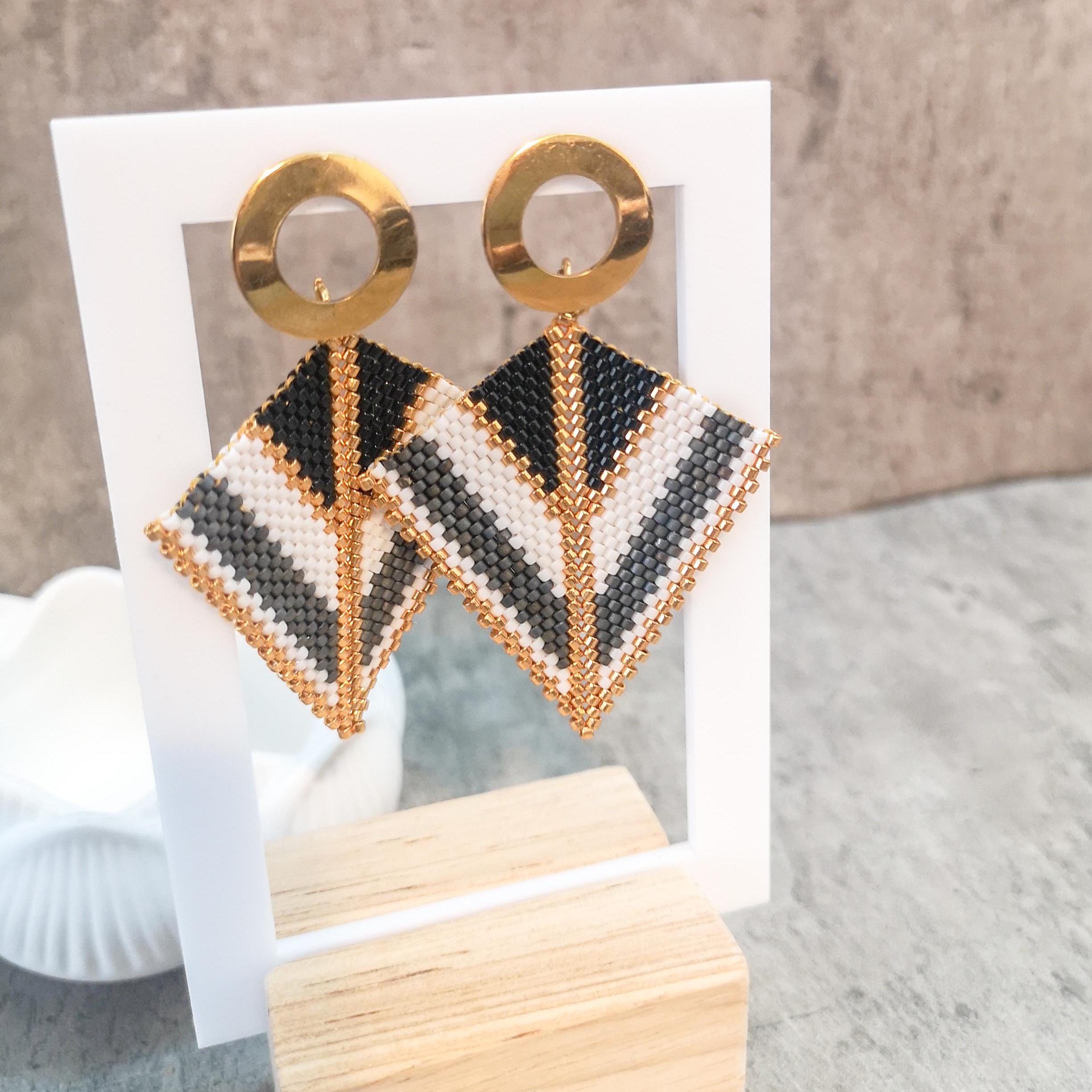 Geometric beaded earrings, triangular black, white, gray and gold earrings, photo 6