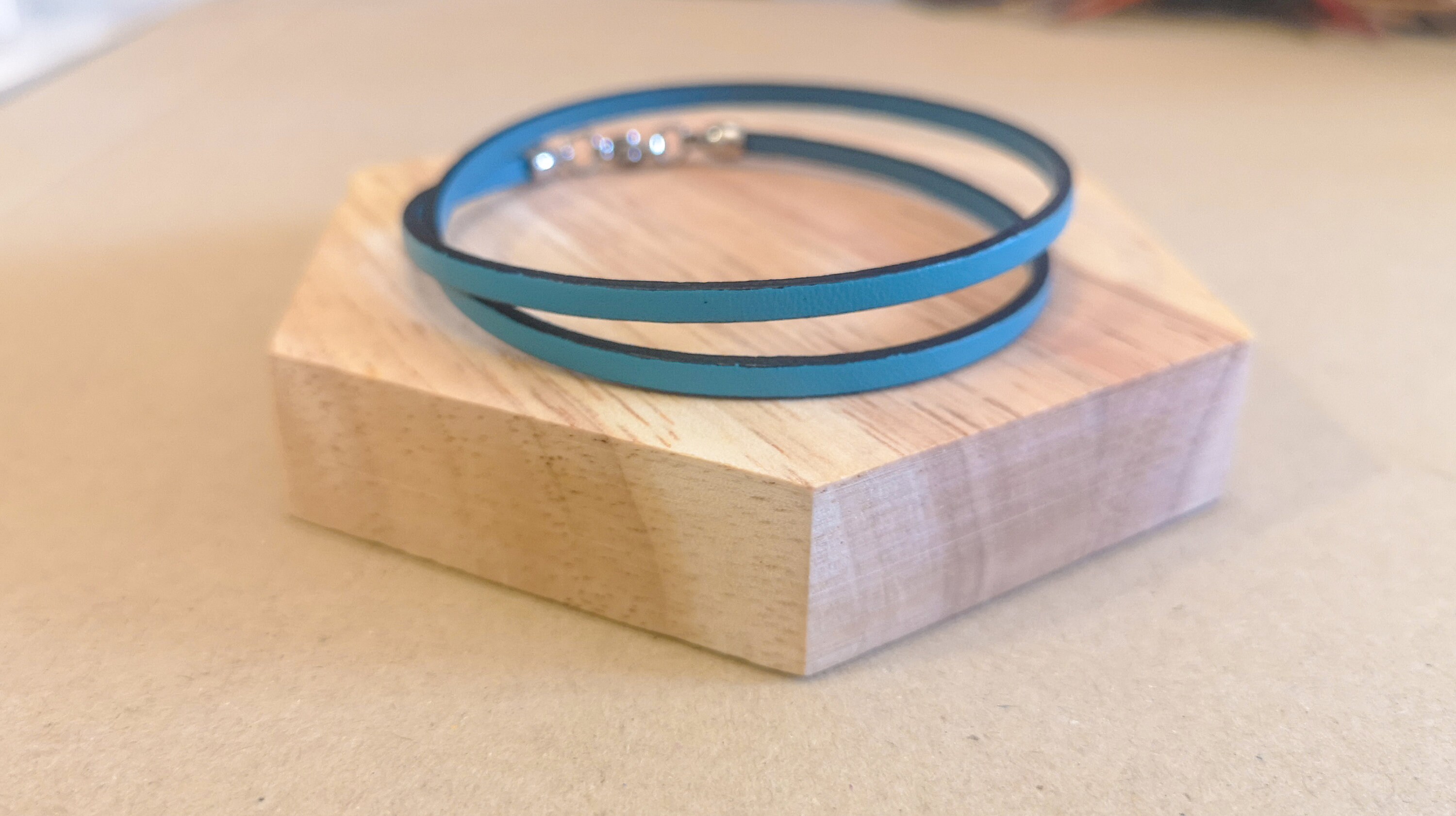Turquoise genuine leather bracelet, double wrap wristband, photo 2
