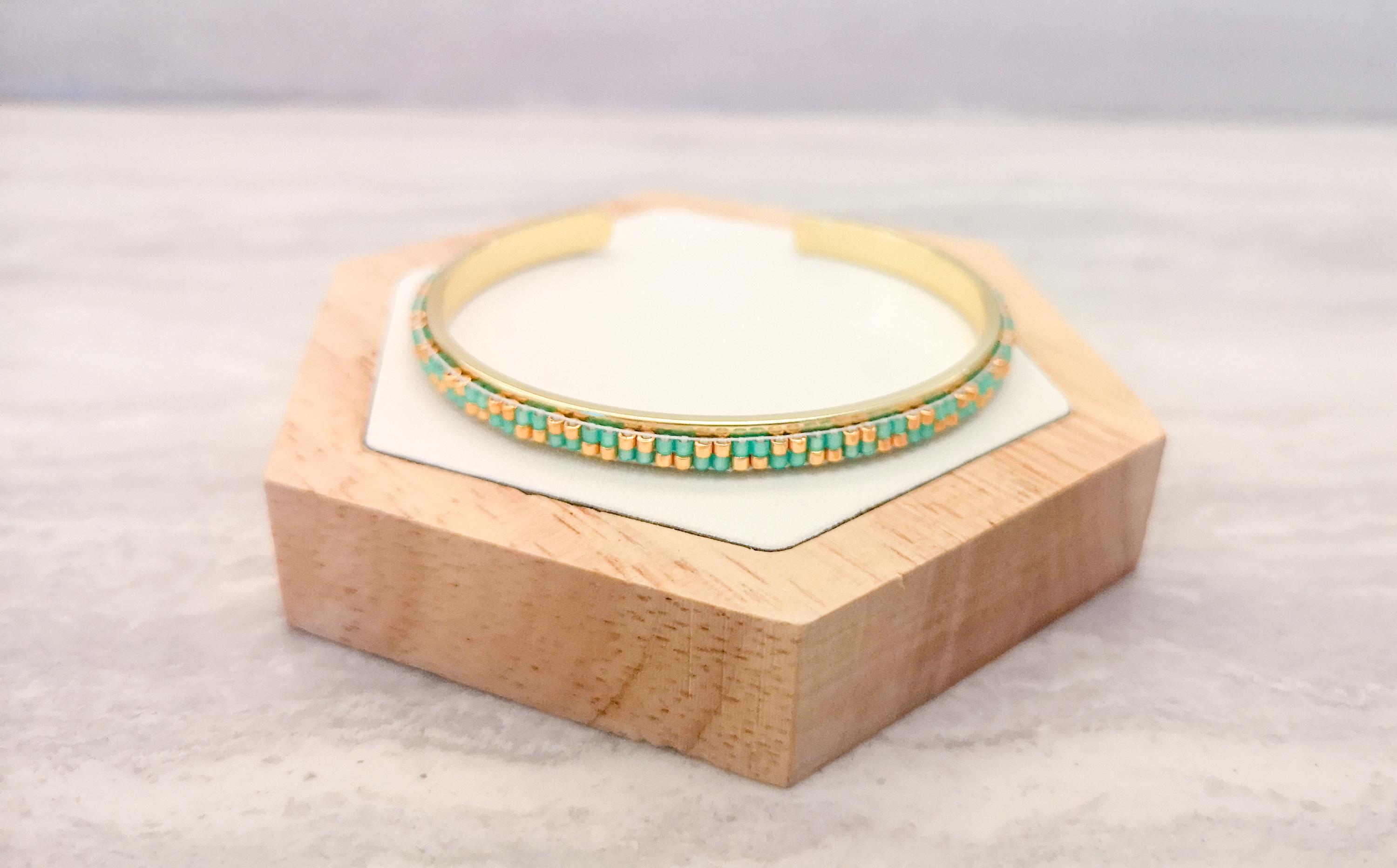 Gold Plated Cuff Bracelet: Turquoise Japanese Glass Beaded Bangle, photo 4