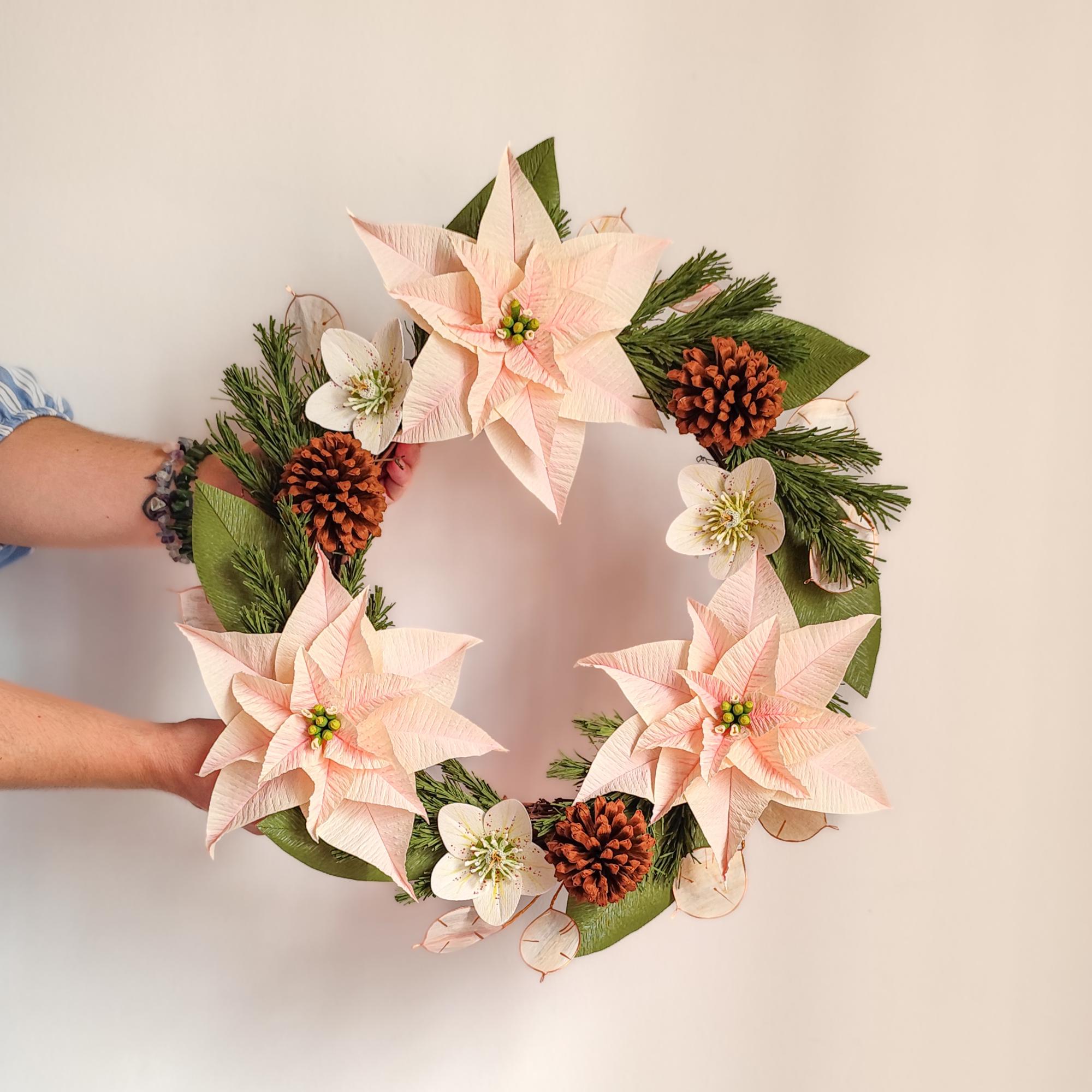 Handmade crepe paper poinsettia wreath, rustic Christmas holiday decor for home, photo 2