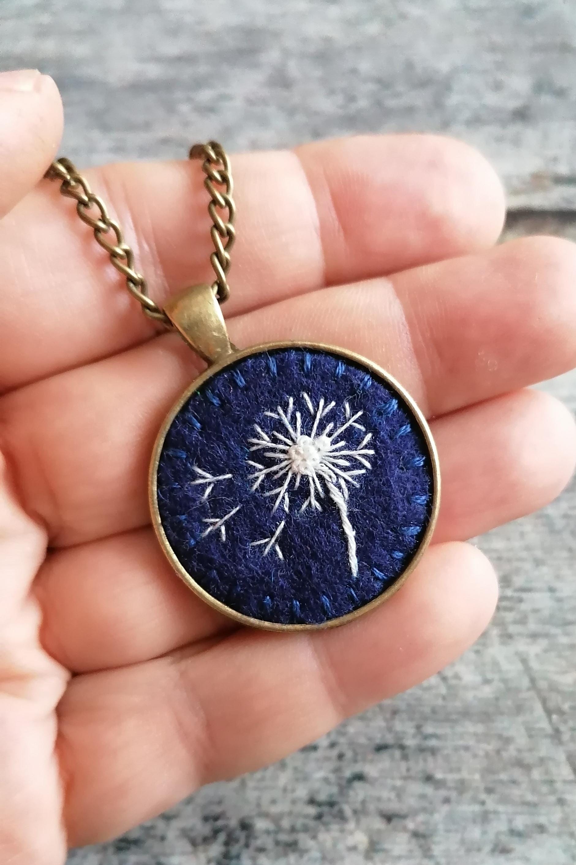 Hand Embroidered Dandelion Necklace, Black white color antique style Pendant, photo 4