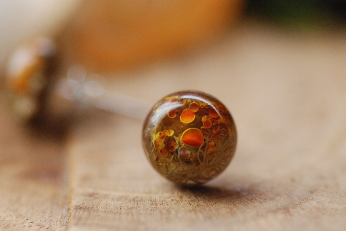 Botanical Resin Earrings With Orange Lichen On Silver Studs, photo 3