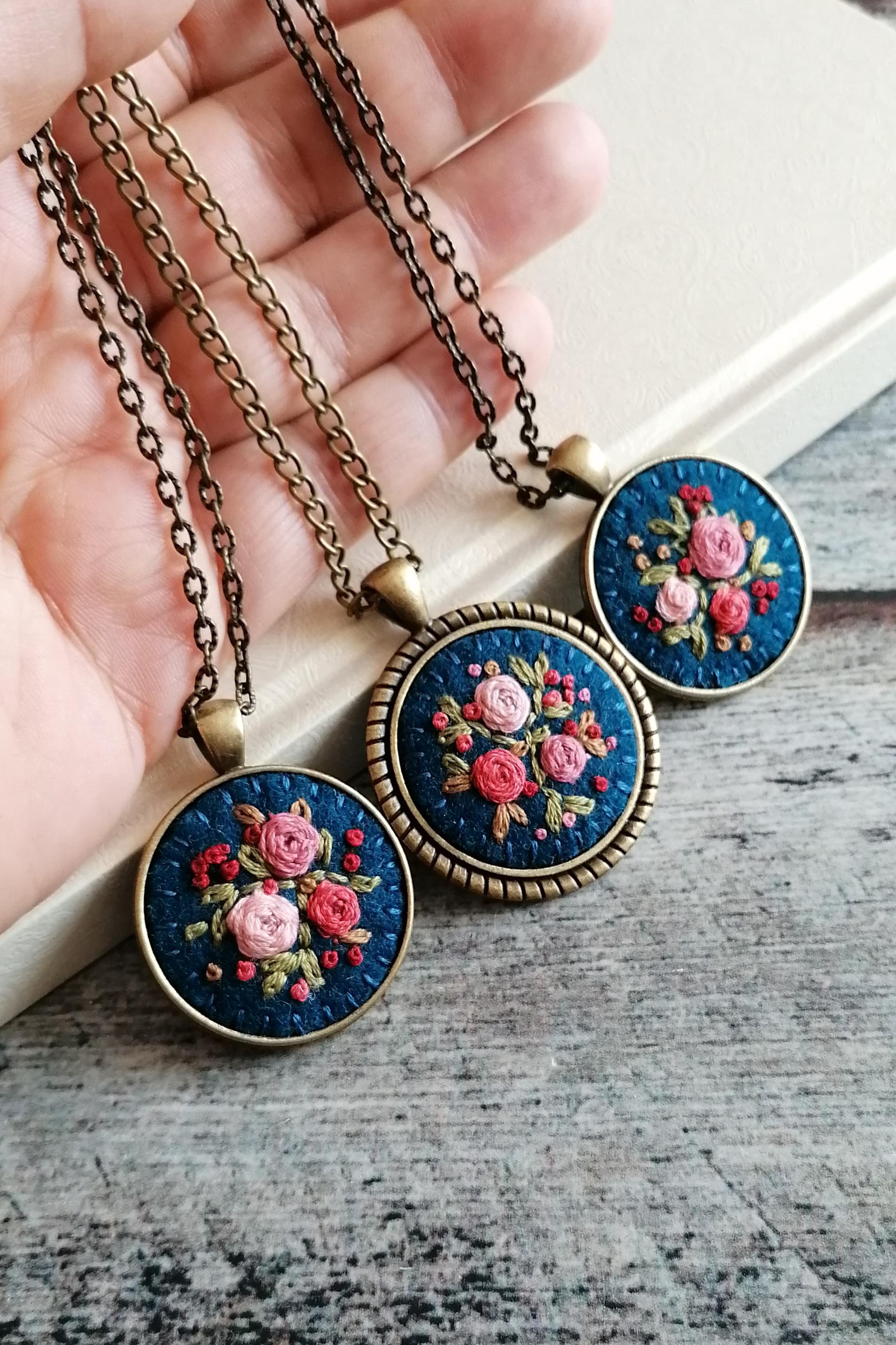 Hand Embroidered Necklace and Earrings, Pink Floral Rose Pendant, Dark Teal Blue Embroidery Necklace, photo 3