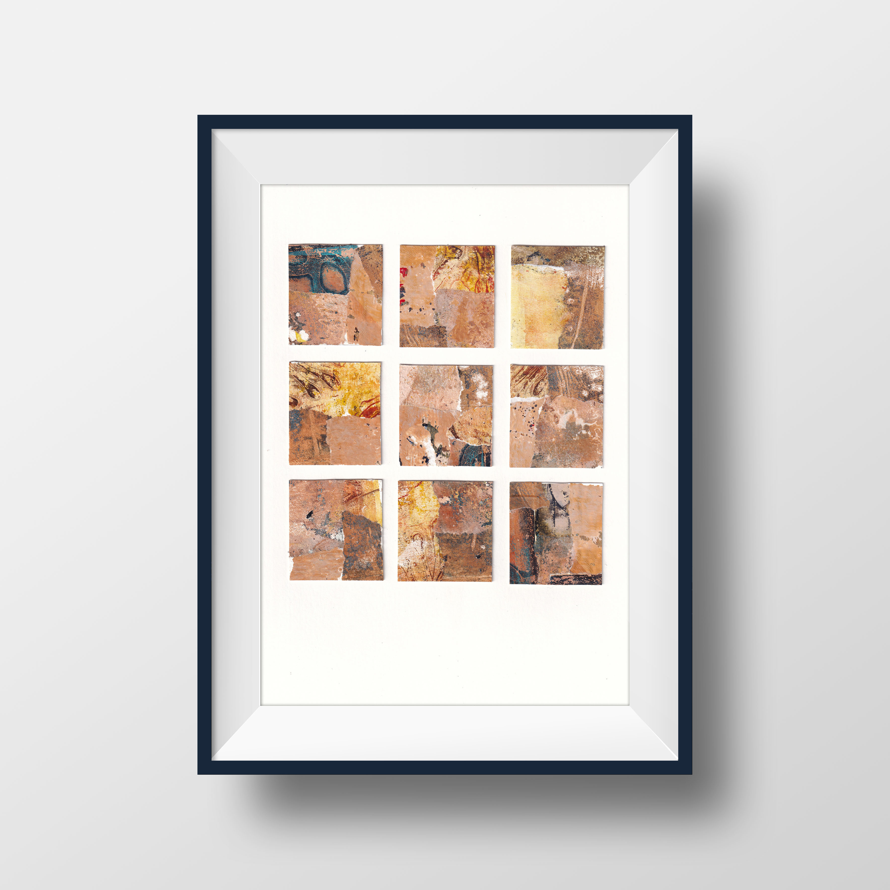 9 grid abstract collage created with handmade papers,  ready to frame