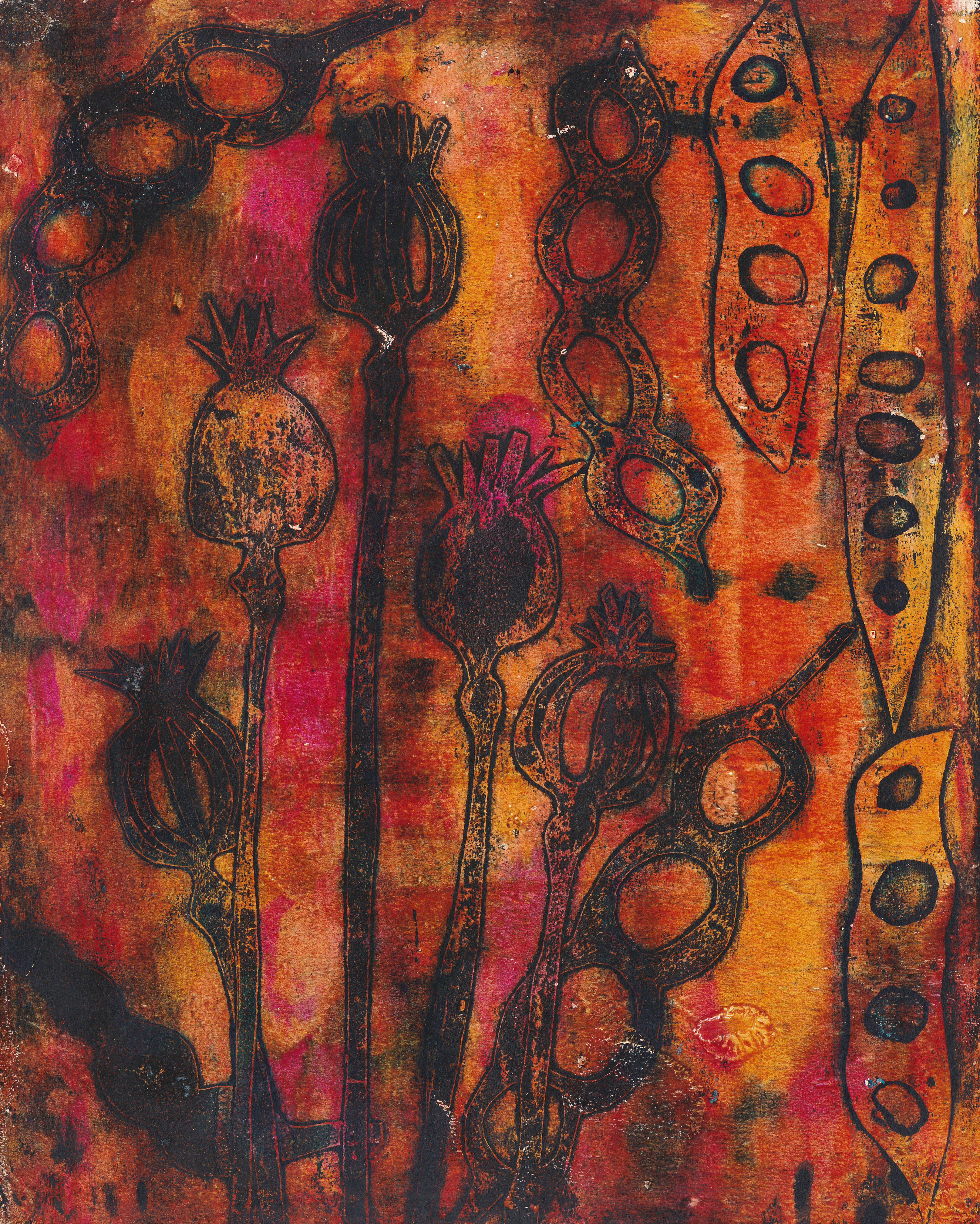Monoprint - orange red with poppies - A4 matt included - ready to frame, photo 3