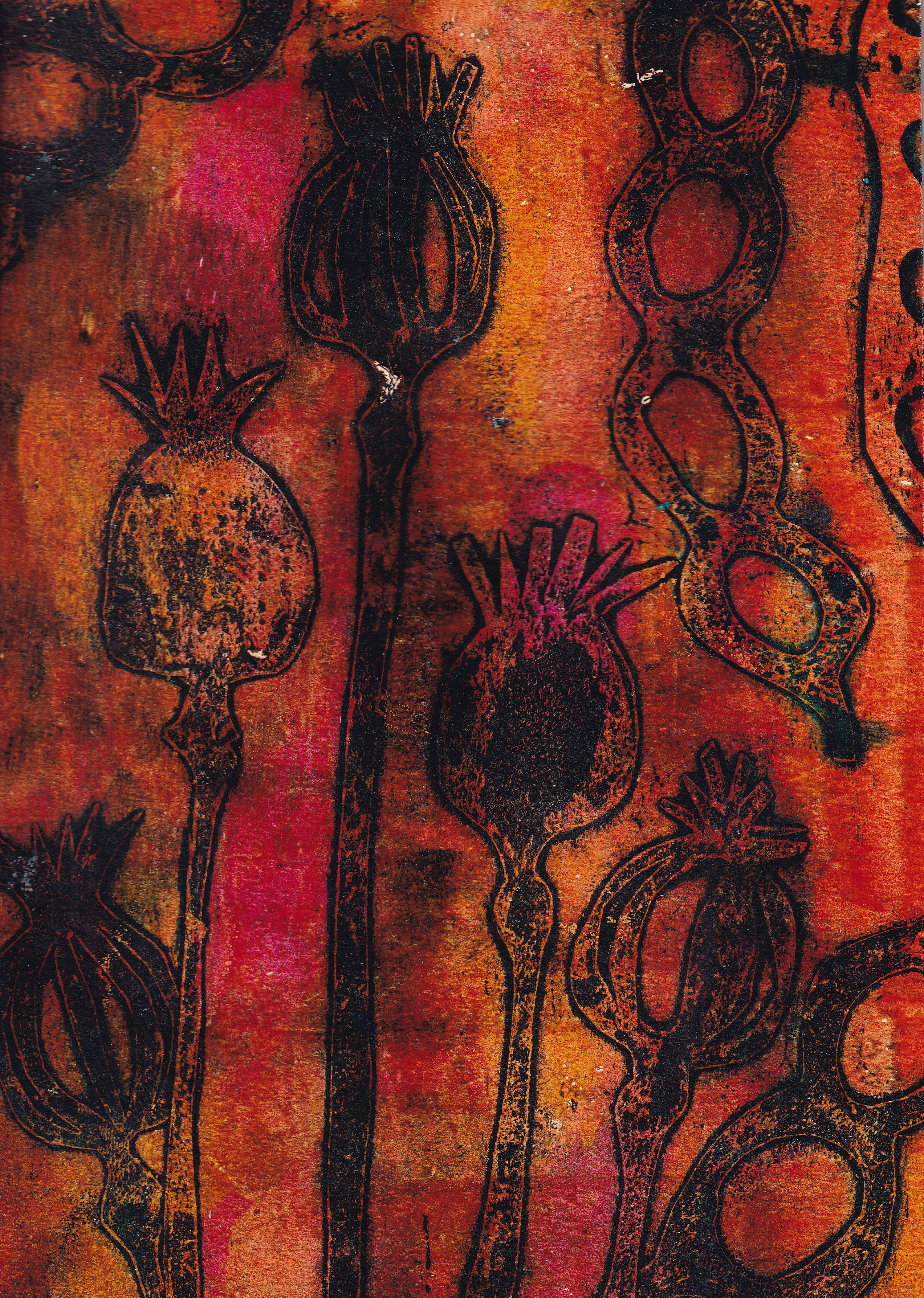 Monoprint - orange red with poppies - A4 matt included - ready to frame, photo 2