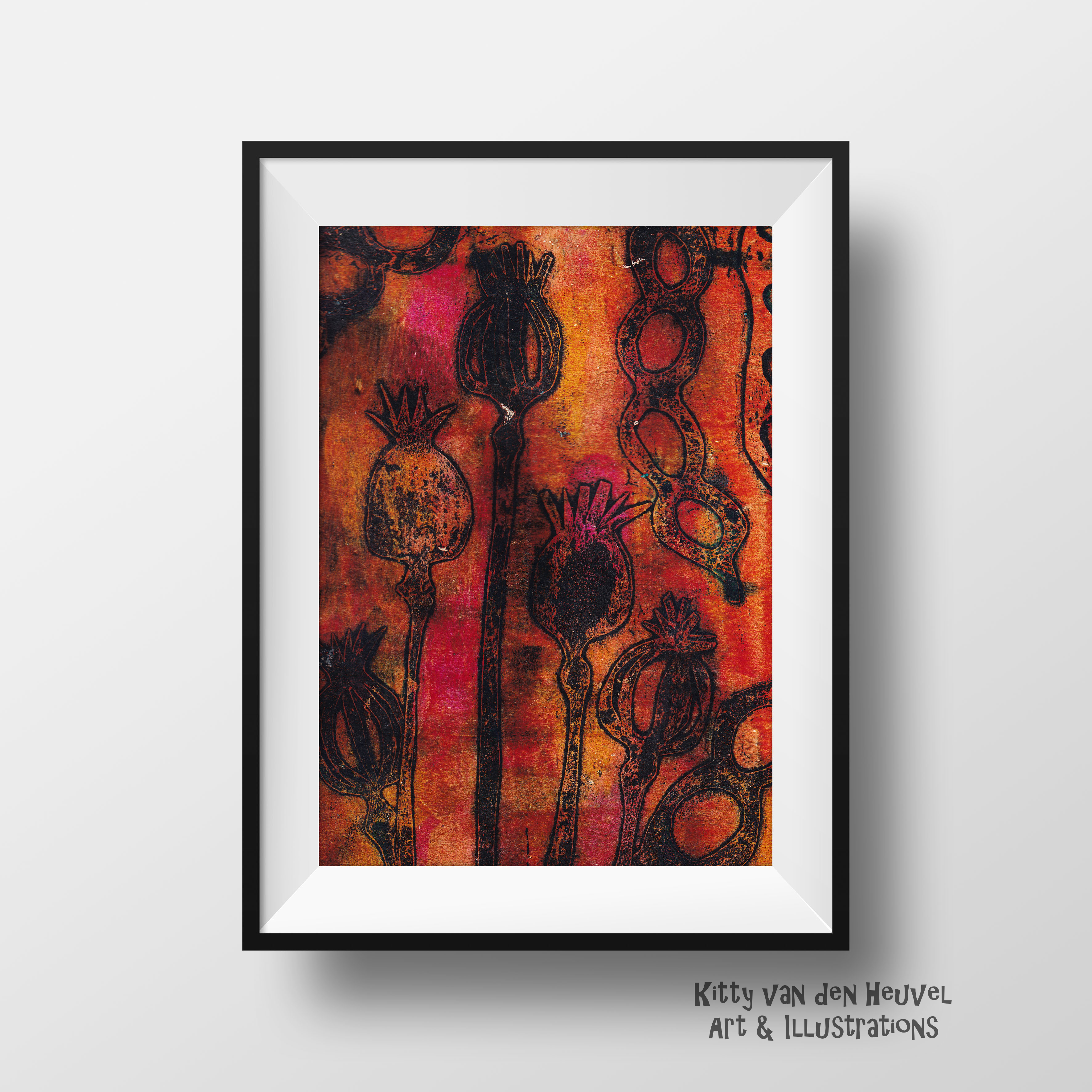 Monoprint - orange red with poppies - A4 matt included - ready to frame
