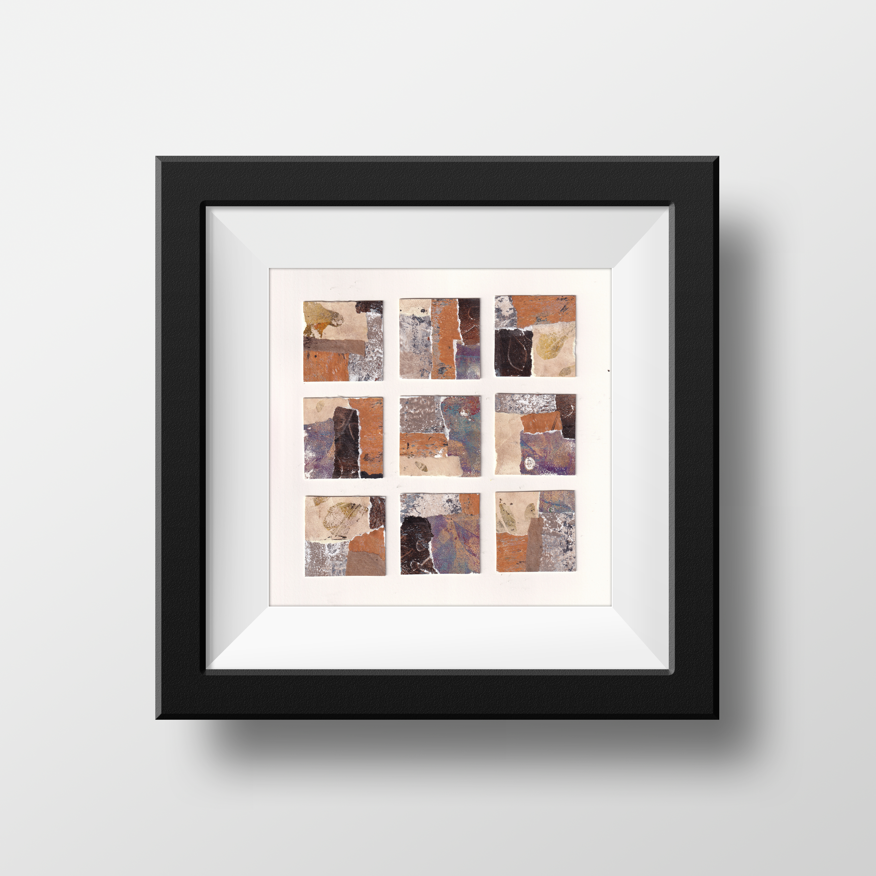9 grid abstract collage created with handmade papers,  ready to frame