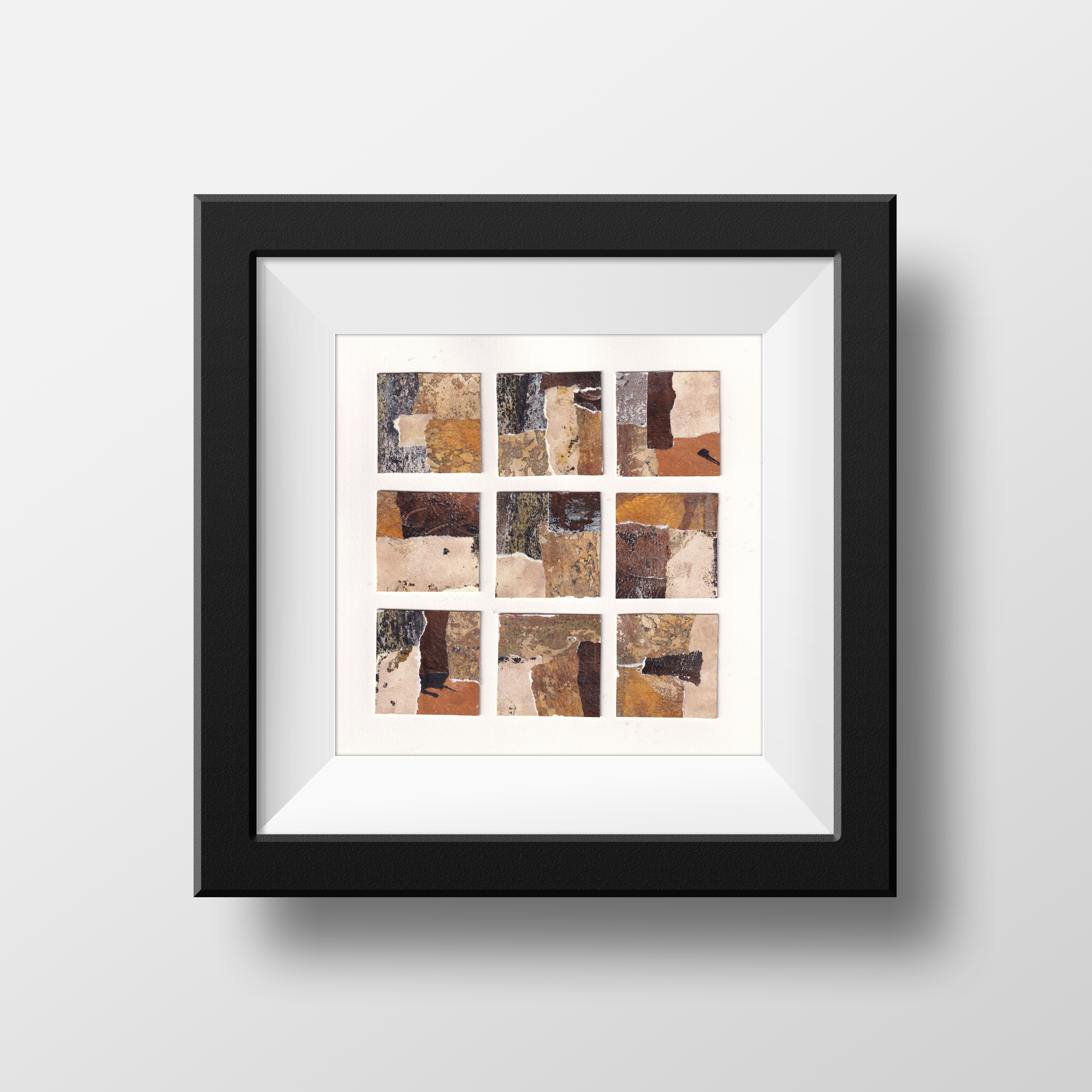9 grid abstract collage created with handmade papers,  ready to frame