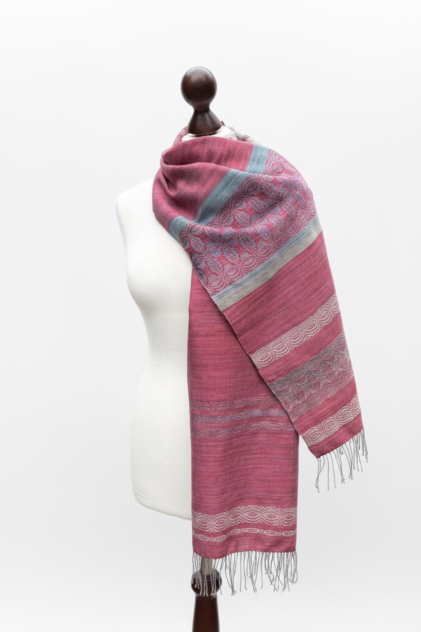 Handwoven Raspberry Silk Scarf – Lily Floral Motif, Green Accents, Artisan Accessory, Personalized with Monogram, photo 3
