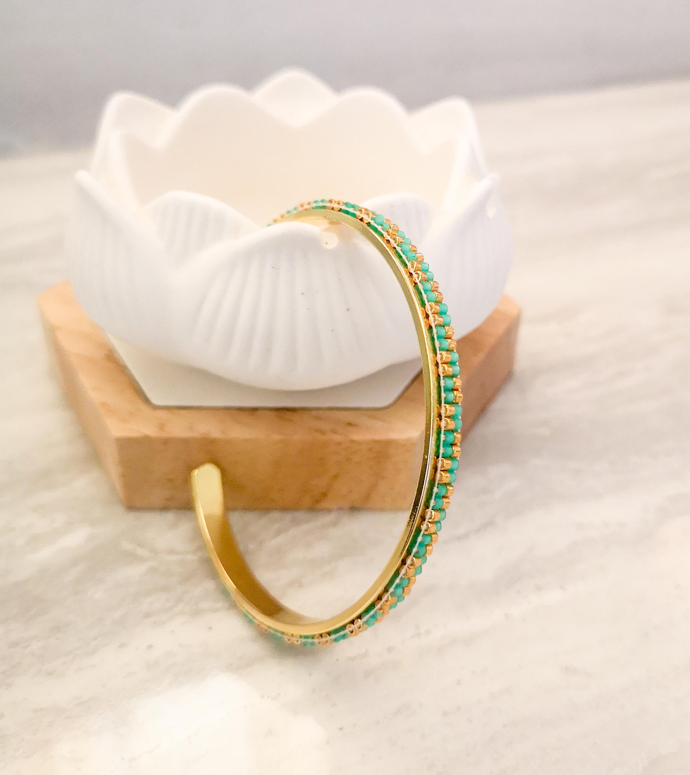 Gold Plated Cuff Bracelet: Turquoise Japanese Glass Beaded Bangle