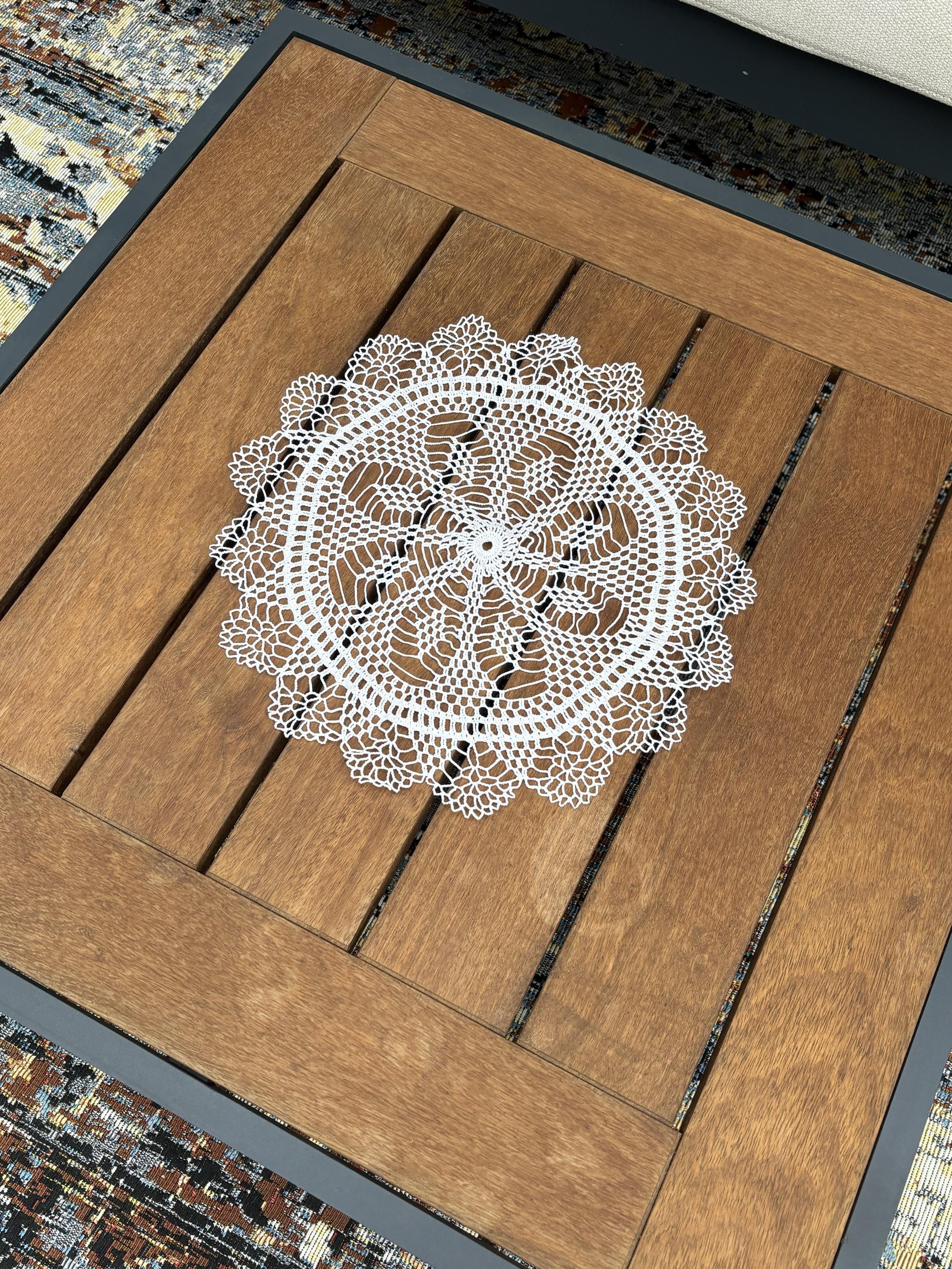 Handmade Crochet Lace Table Centerpiece, Round Floral Doily,  Farmhouse Table Runner 36x36 cm, Custom message Card, photo 2