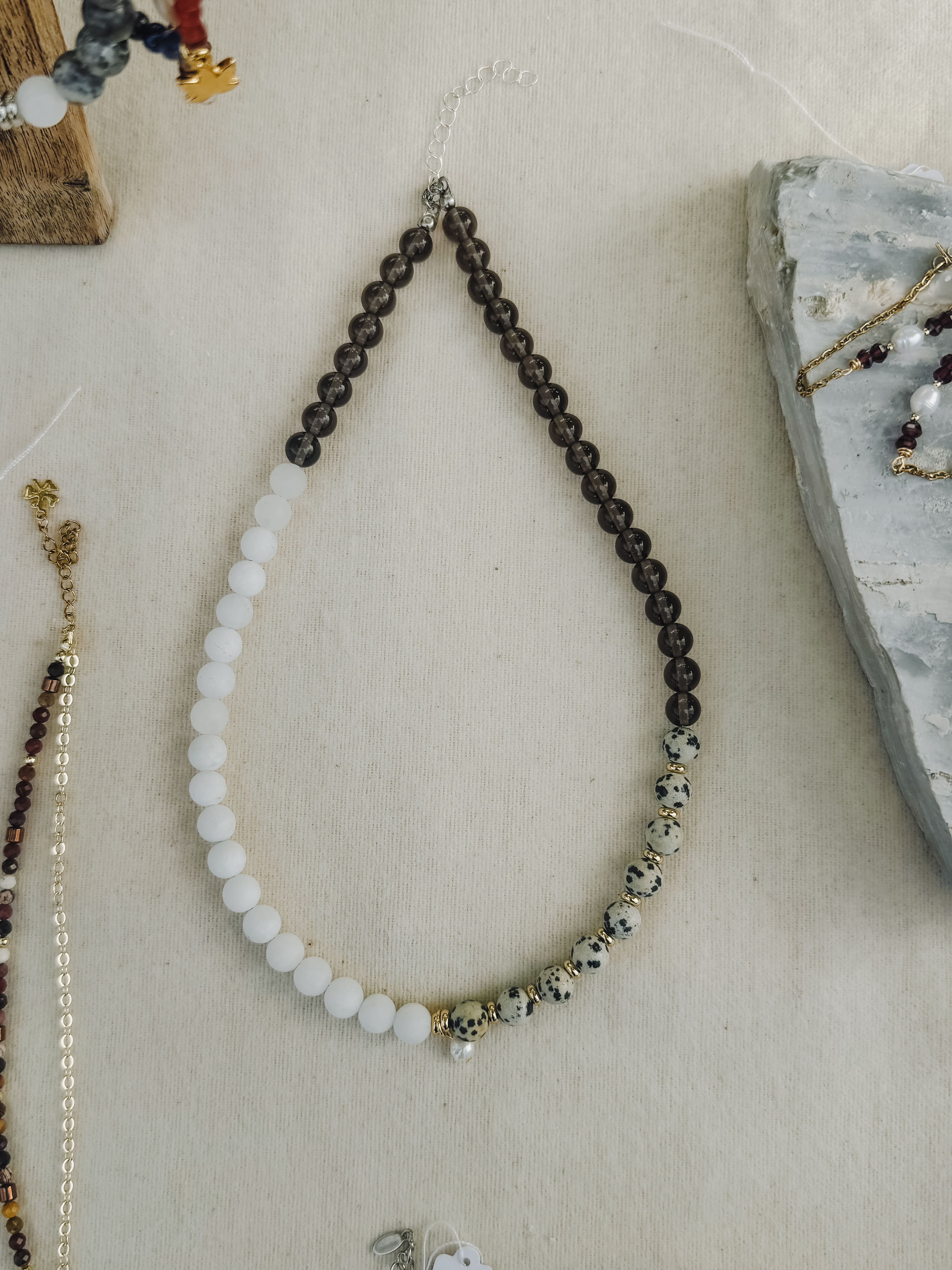 Smokey Quartz, Dalmatian Jasper and white jade necklace