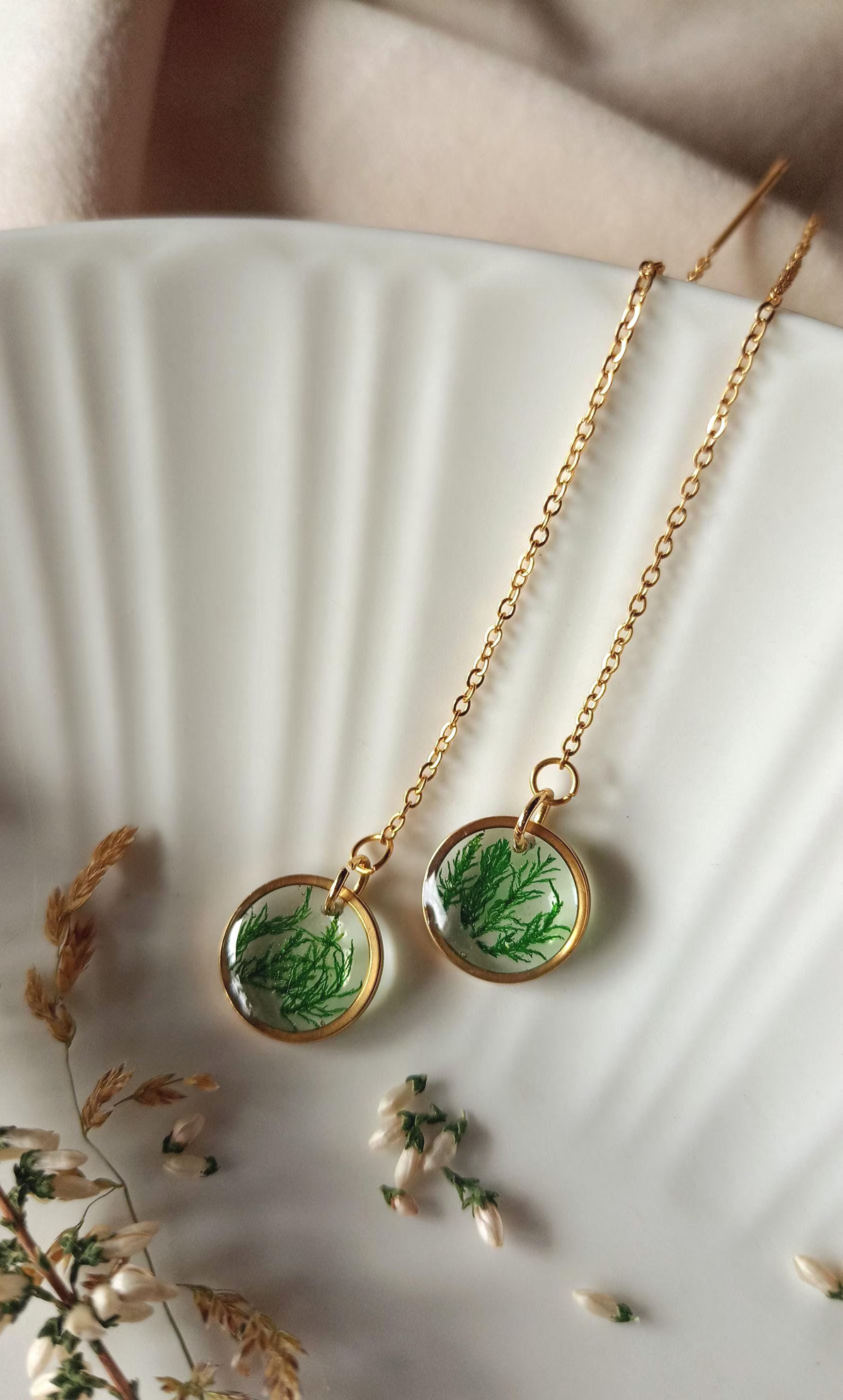 Botanical Threader Earrings - Real Moss Circular Chain Drops, photo 4