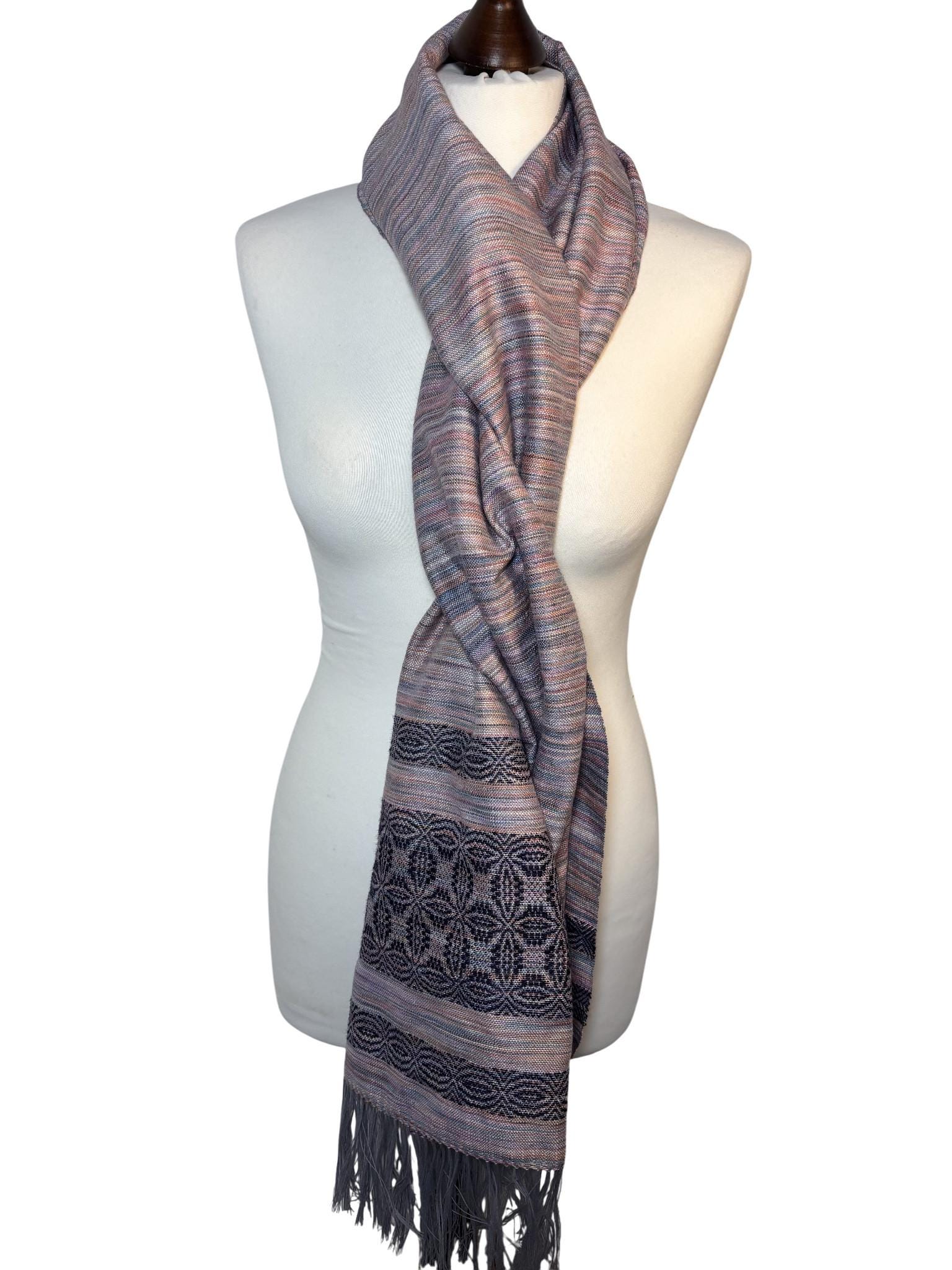 Asymmetrical Pink Merino Silk Scarf with Lily Motif – Handwoven Luxury Shawl, Personalized Scarf, photo 3