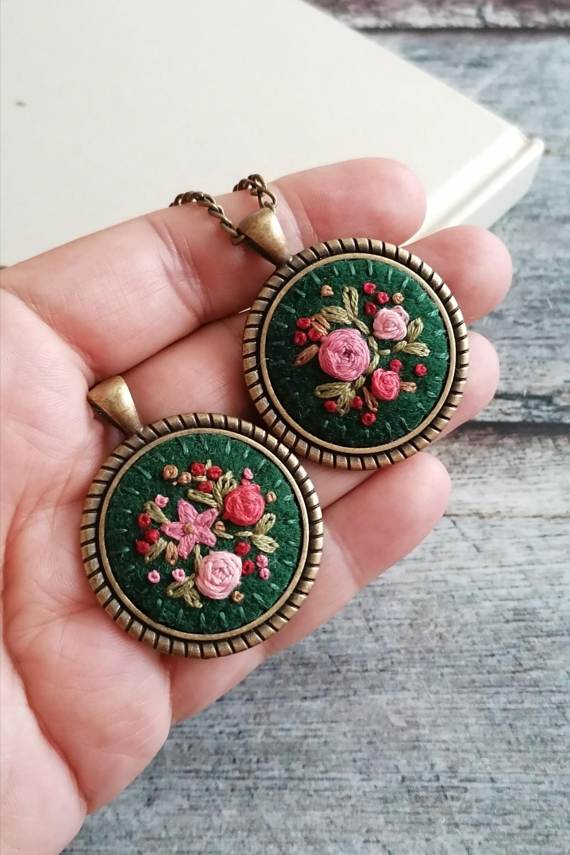Hand Embroidered Necklace and Earrings, Pink Floral Rose Pendant, Dark Embroidery Necklace, photo 4
