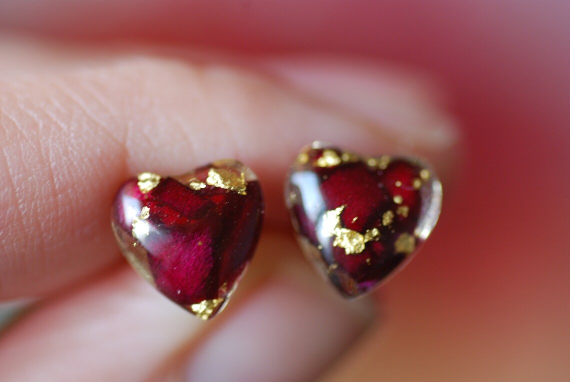Red Rose Heart Earrings With Real Rose Petals 24K Gold Flakes And Sterling Silver Studs, photo 4